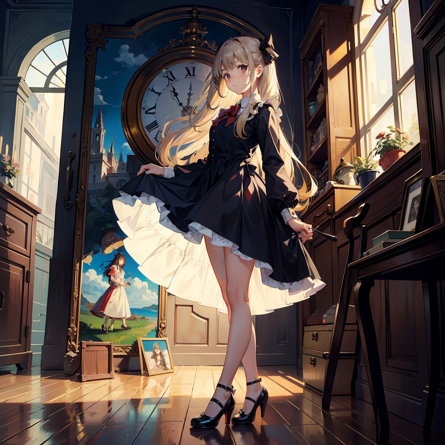 long_hair, 1girl, dress, bow, shoes, clock，Mushroom, painting,