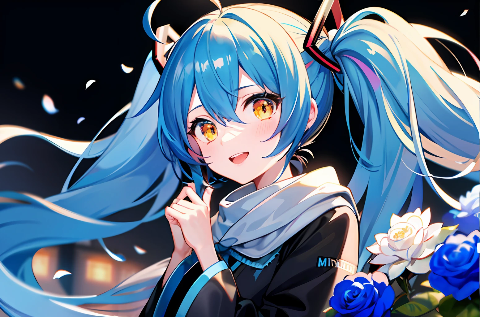 (((hatune miku))),best quality, best detailed, 2020s pixiv illustration, portrait, upper body, extremely detailed 14yo girl with oversized vivid multicolor black long dress, detailed iridescent blue roses, extremely detailed large blue roses of lycoris radiata in dark background, fractals, happy smile::1.2 best quality, best detailed, 2020s pixiv illustration, cute, best lighting, best angle, middle white ivory color hair with streaks, one side up tied with ponytail hair elastics, short ahoge, opaque bright ruby eyes, tsurime, best anatomy, extremely delicate, vivid, intense, highest resolution, 8k::1
