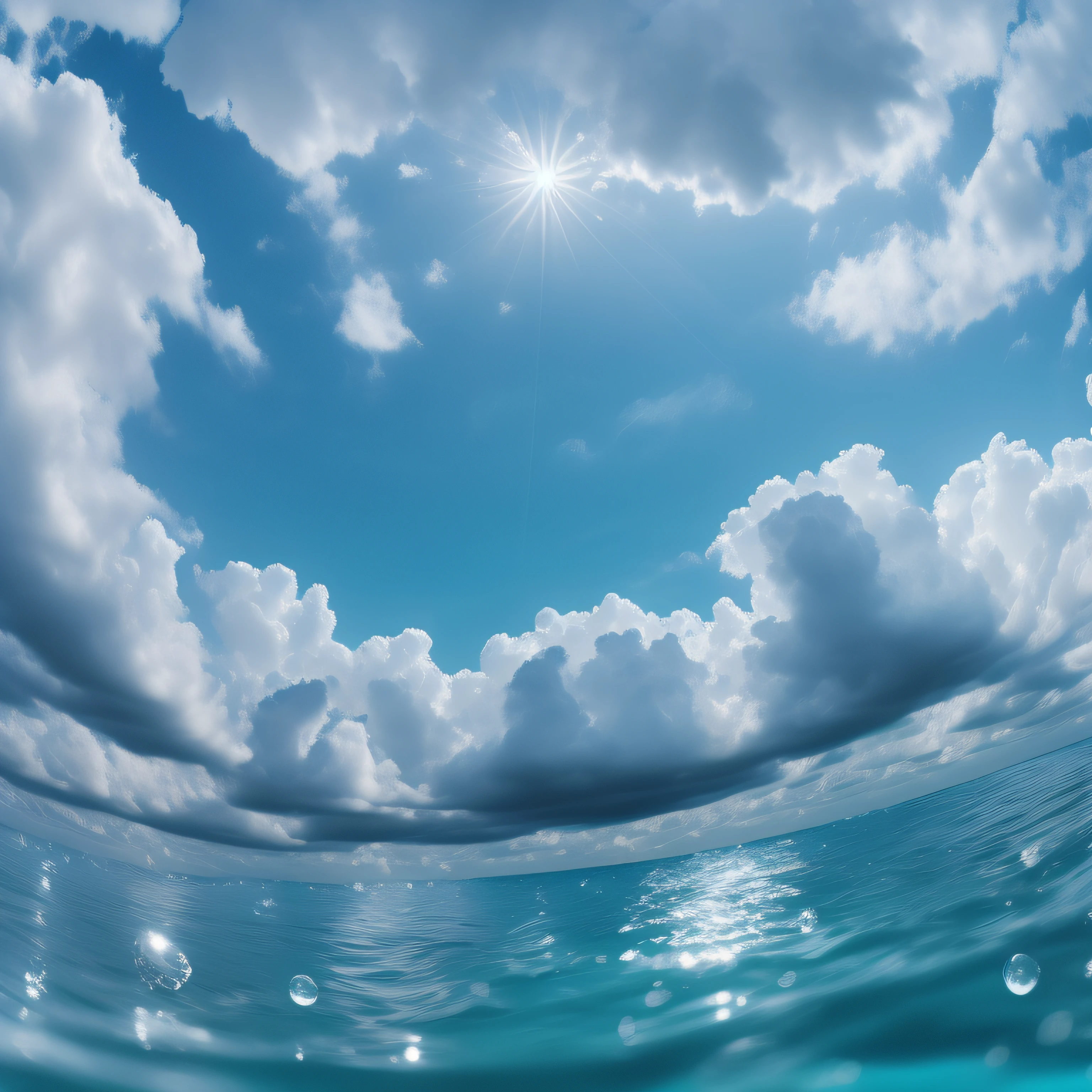 There is a beautiful sky，Picture of clouds on the surface of the water, sky and ocean background, Beautiful ocean, photo of the middle of the ocean, middle of the ocean, a photo of the ocean, Azure Ocean, Sea backgroun, calm ocean landscape, on Surface of the ocean, Sea and sky, tropical ocean, A few more strings of water droplets in the air，In the middle of the ocean!!!!!