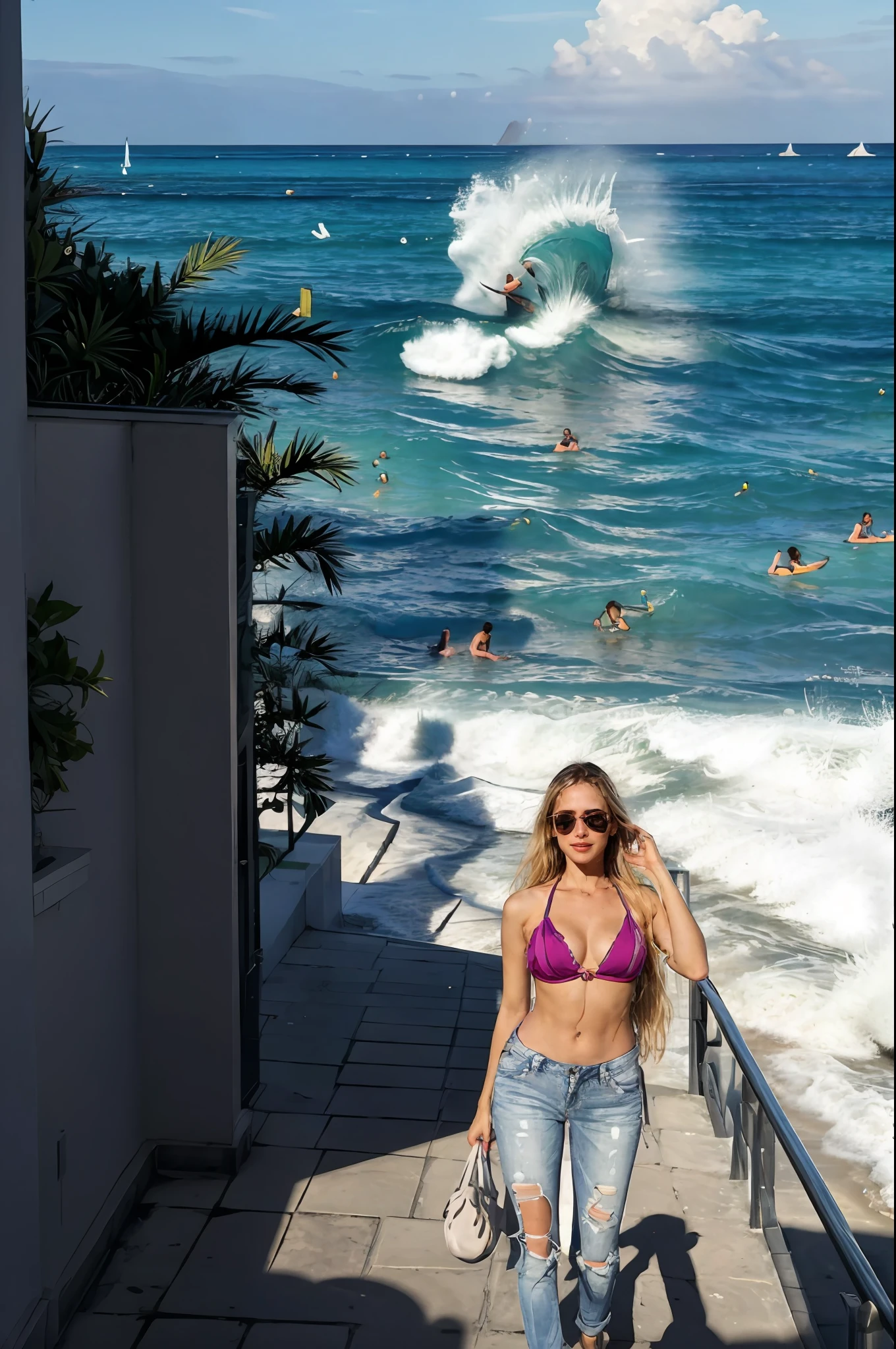 melhor qualidade, obra-prima, foto realista, 8k, 4k, res extremos, ultra alta res, dynamic lighting, real lighting, sophiadiamond, looking_at_viewer, sorriso, micro regata, micro short jeans apertado, andando na orla da praia de Ipanema, praia de Ipanema, Rio de Janeiro