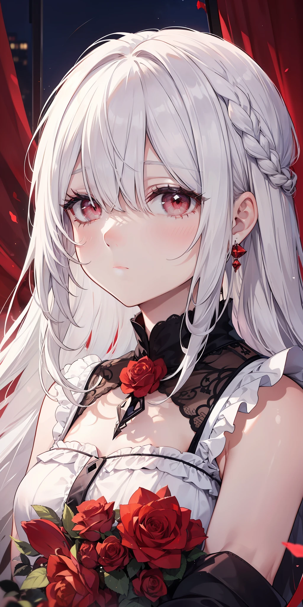 (limited palette), Best quality, (((Masterpiece))), (((Beautiful detailed hair))), (((beautiful detailed skin))), Solo, Little girl, Younger, Loli, (((White hair))), Red eyes, (mascara), Blunt bangs, ((Hair over eyes)), Long hair, Medium breasts, Frilled white dress, White frills, Too much decoration, Rose, Noble, setia, The bride's hair, (((Eye focus))), (((Expressionless))), The background is blurred out, Empty eyes, Blank eyes, (Red theme), bedroom background, view the viewer, (((hair tucking))), (((Night))), Semi-closed Eyes, Close-up, (((hair adornments))), Upright body, Neatly cut bangs, There is braid hair on the back of the head, Sleeveless dress,