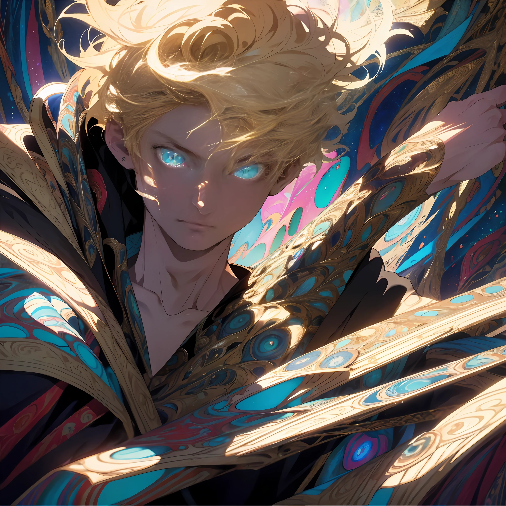 Realistic, (Masterpiece, Top Quality, Best Quality, Official Art, Beauty and Aesthetics: 1.2), Very Detailed, Fractal Art, Colorful, Most Detailed, Zentangle, (Abstract Background: 1.5) (1boy: 1.3), God, Blonde Hair, Short Hair, (Glowing Blue Eyes), Pectoral Muscles, Abs, Mysterious, (Magic), Crystal, Handsome Man, Knight