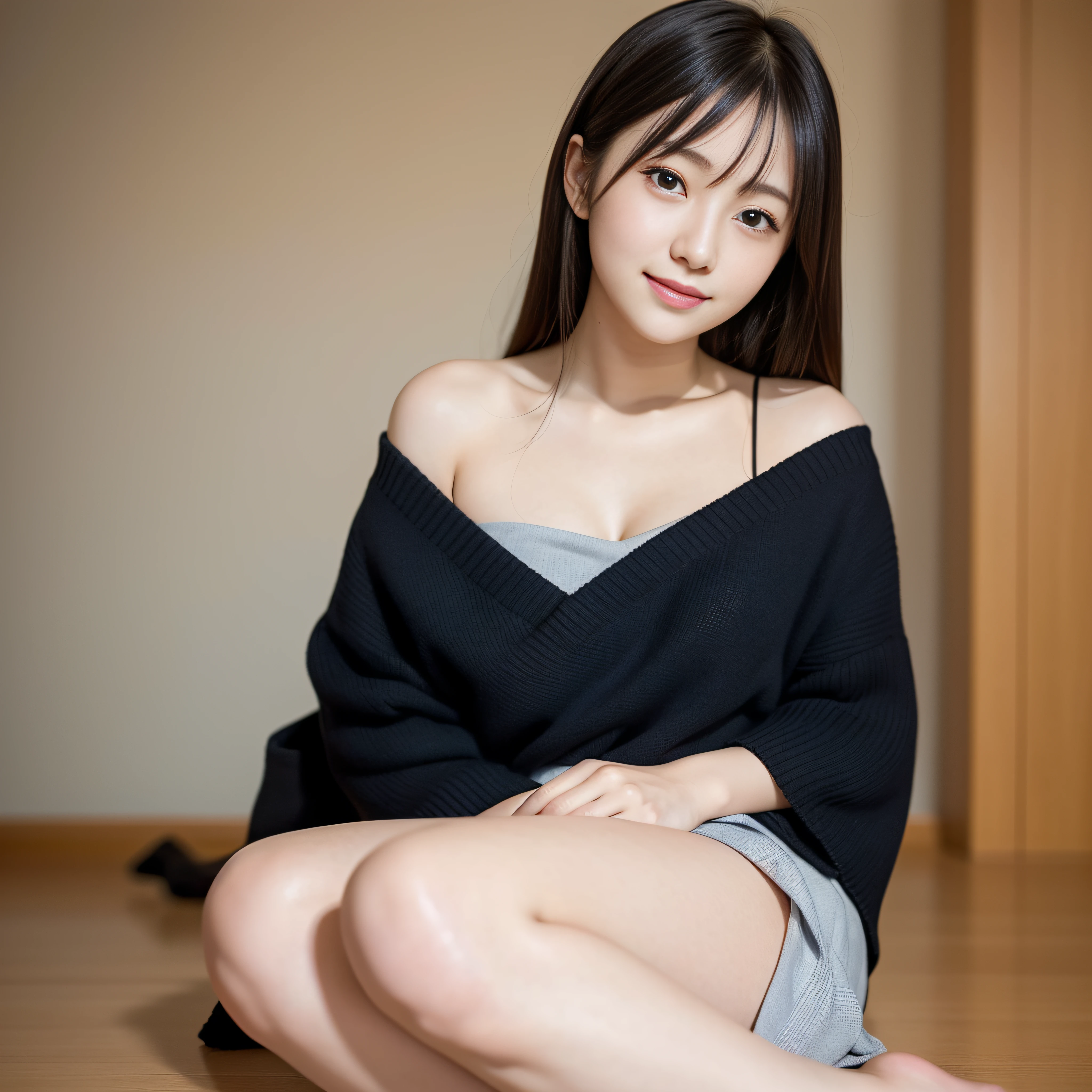 （Beautiful and highly detailed 8k wallpapers), ((1girl in)),((Japan Girl)),Medium chest, Detailed, Drama, 20yr old, Delicate and beautiful schoolgirl,, A smile, Upper Eyes,peeking at viewer, Beautiful graphics, sitting on,Nogizaka46,Showing the whole body,.