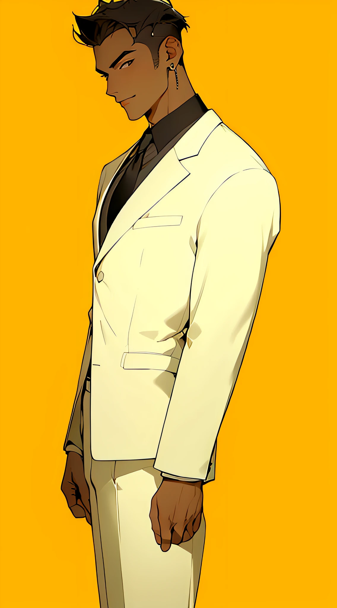 ((Masterpiece, Superb Business Negotiation Aesthetics)), 1 male solo, close-up, (Determined eyes), (Black blazer, white shirt, tie, trousers), (Short black hair), (Formal wear), Mature man, (Clear facial features, detailed skin texture, handsome face), White background, Earrings, yellow skin, Standing, (Masterpiece, Top quality, Best Quality), ((Flat Color)),