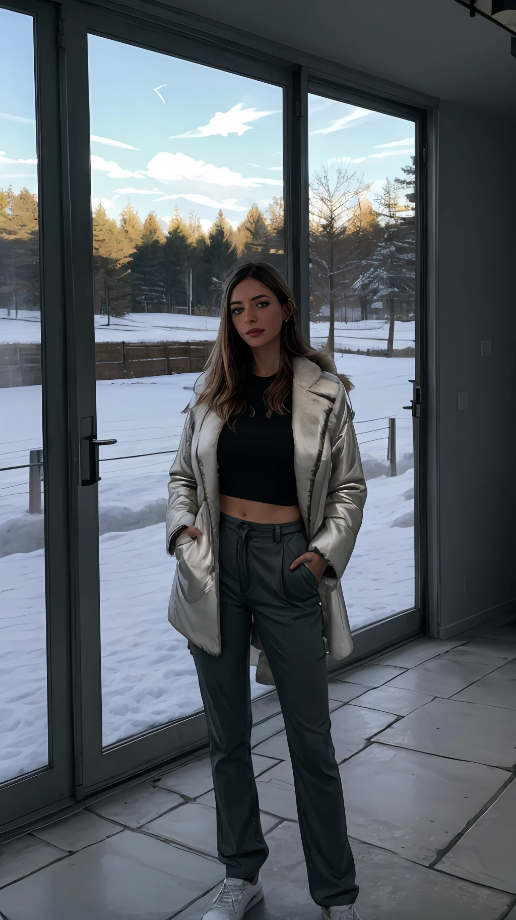 melhor qualidade, obra-prima, foto realista, 8k, 4k, res extremos, ultra alta res, dynamic  lighting, real lighting, sophiadiamond, looking_at_viewer, esquiando, com traje de esquiar, na neve, roupas de frio, touca, luva, pants and fur coat