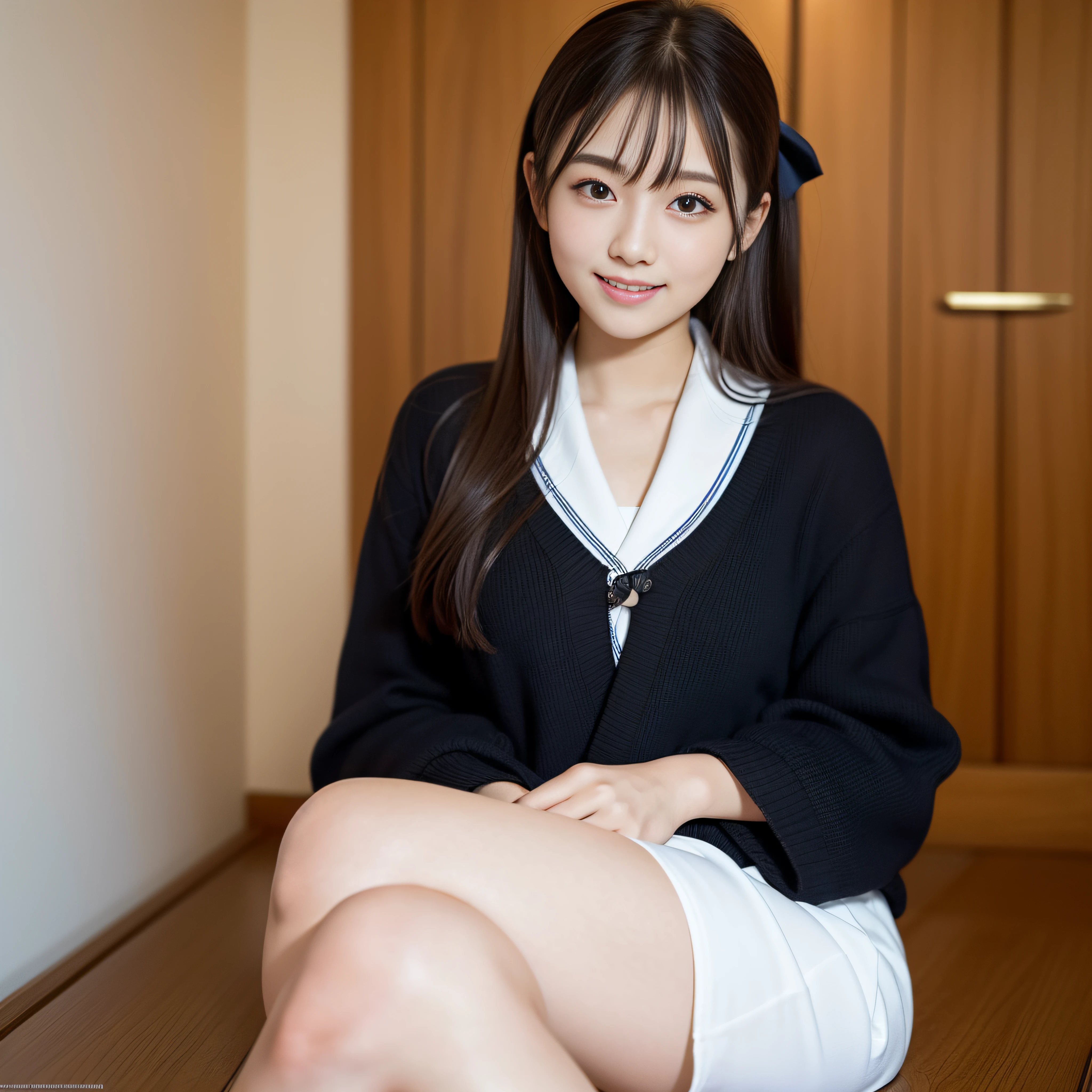 （Beautiful and highly detailed 8k wallpapers), ((1girl in)),((Japan Girl)),Medium chest, Detailed, Drama, 20yr old, Delicate and beautiful schoolgirl,, A smile, Upper Eyes,peeking at viewer, Beautiful graphics, sitting on,Nogizaka46,Showing the whole body,.