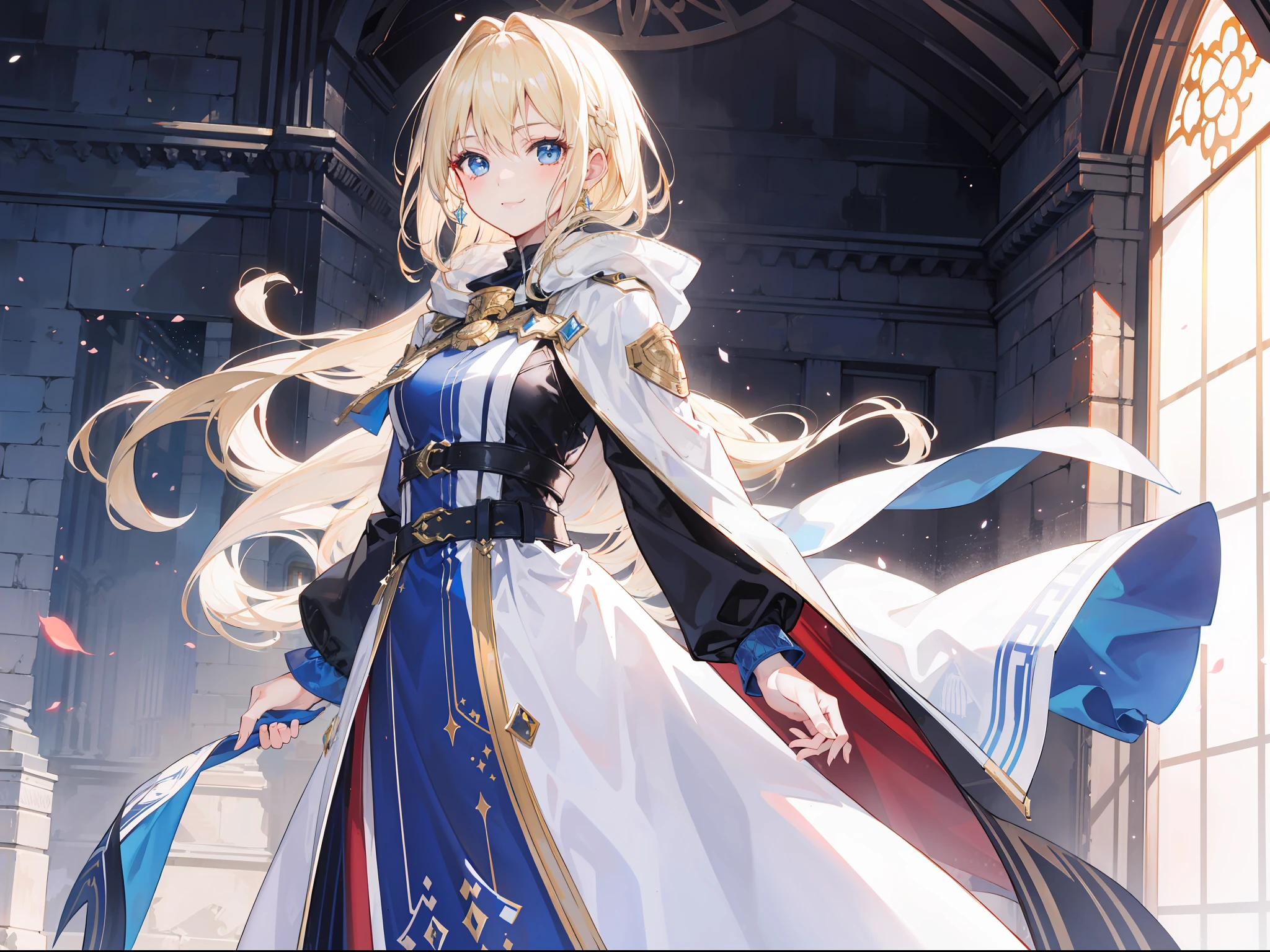 "Epic daylight atmosphere, stunning 4k artwork featuring a beautiful girl with tied light-blonde hair. Blue eyes. She was wearing white-gold hero cloak and warm smile, she standing front of Sanctuary."