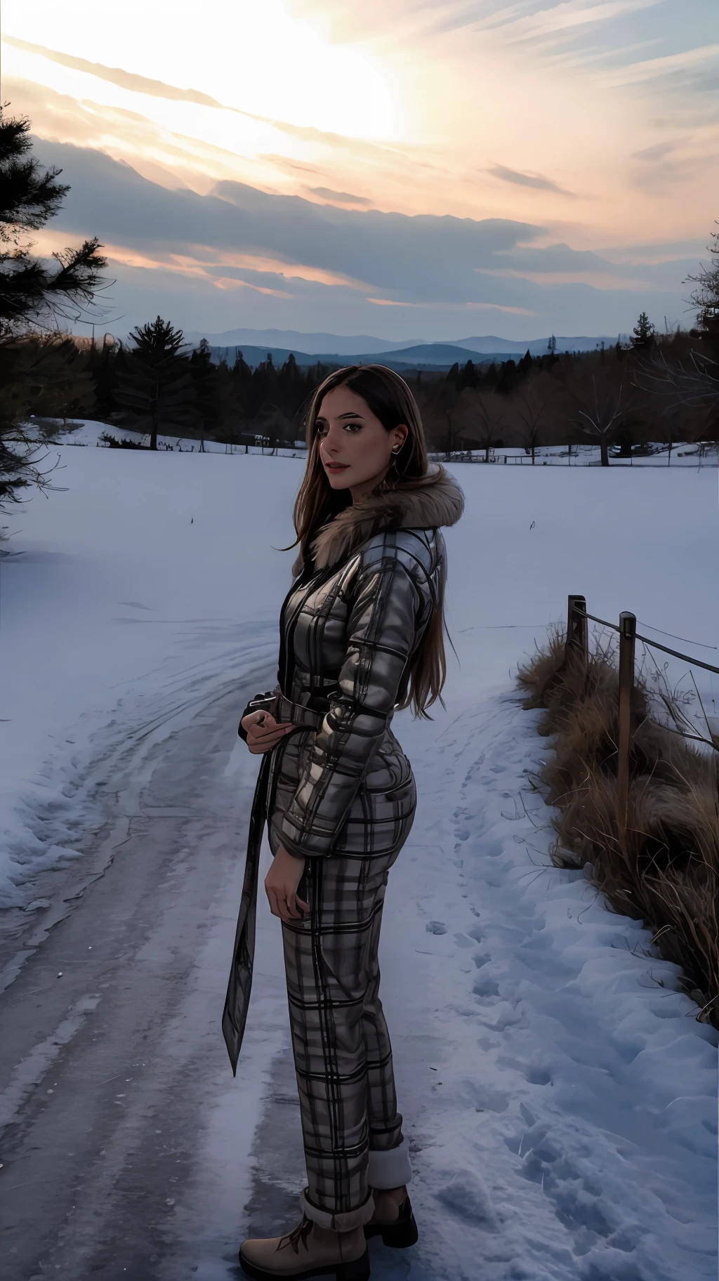 melhor qualidade, obra-prima, foto realista, 8k, 4k, res extremos, ultra alta res, dynamic  lighting, real lighting, sophiadiamond, looking_at_viewer, esquiando, com traje de esquiar, na neve, roupas de frio, touca, luva, pants and fur coat