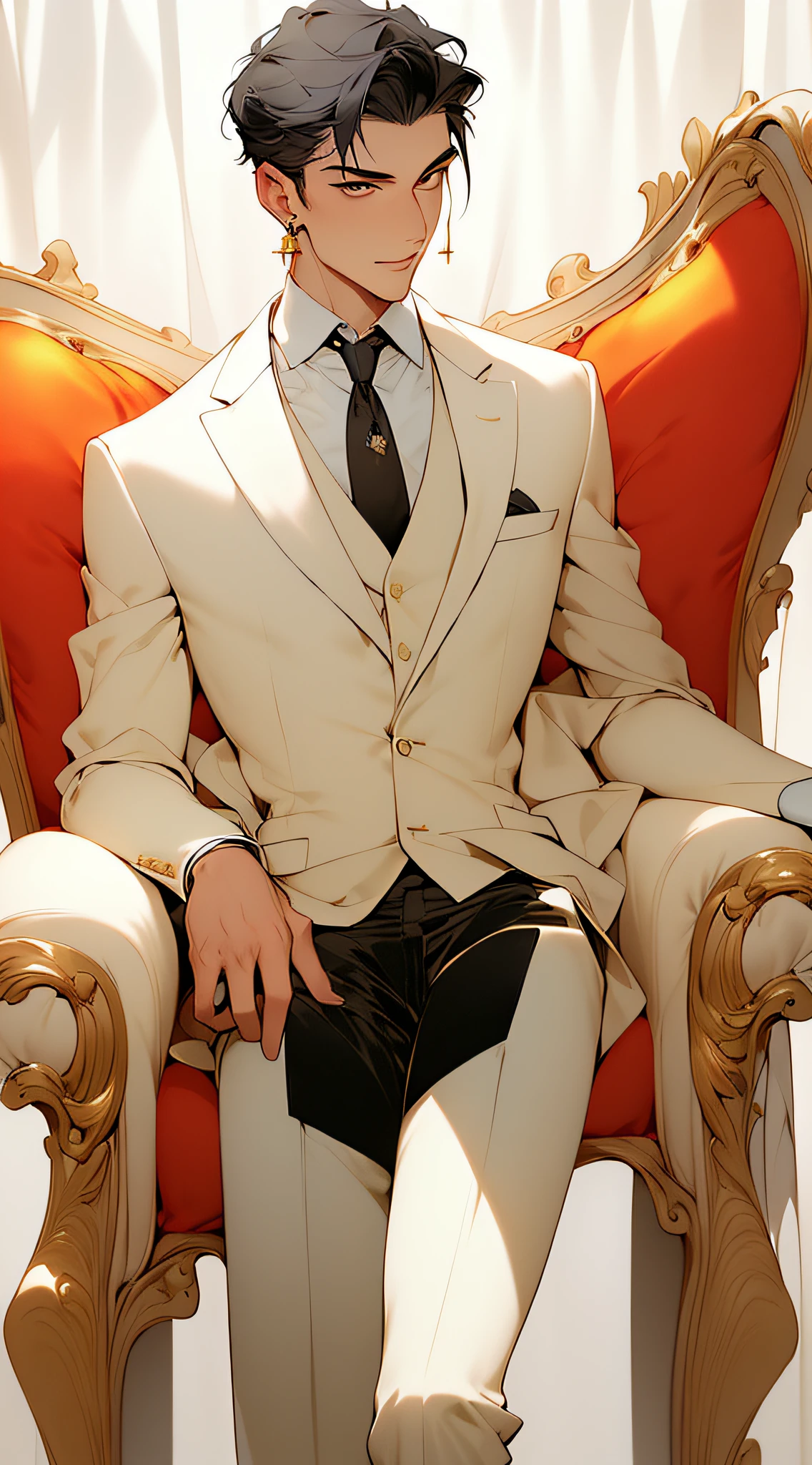 ((Masterpiece, Superb Business Negotiation Aesthetics)), 1 male solo, close-up, (Determined eyes), (Black blazer, white shirt, tie, trousers), (Short black hair), (Formal wear), Mature man, (Clear facial features, detailed skin texture, handsome face), White background, Earrings, yellow skin, Standing, (Masterpiece, Top quality, Best Quality), ((Flat Color)),