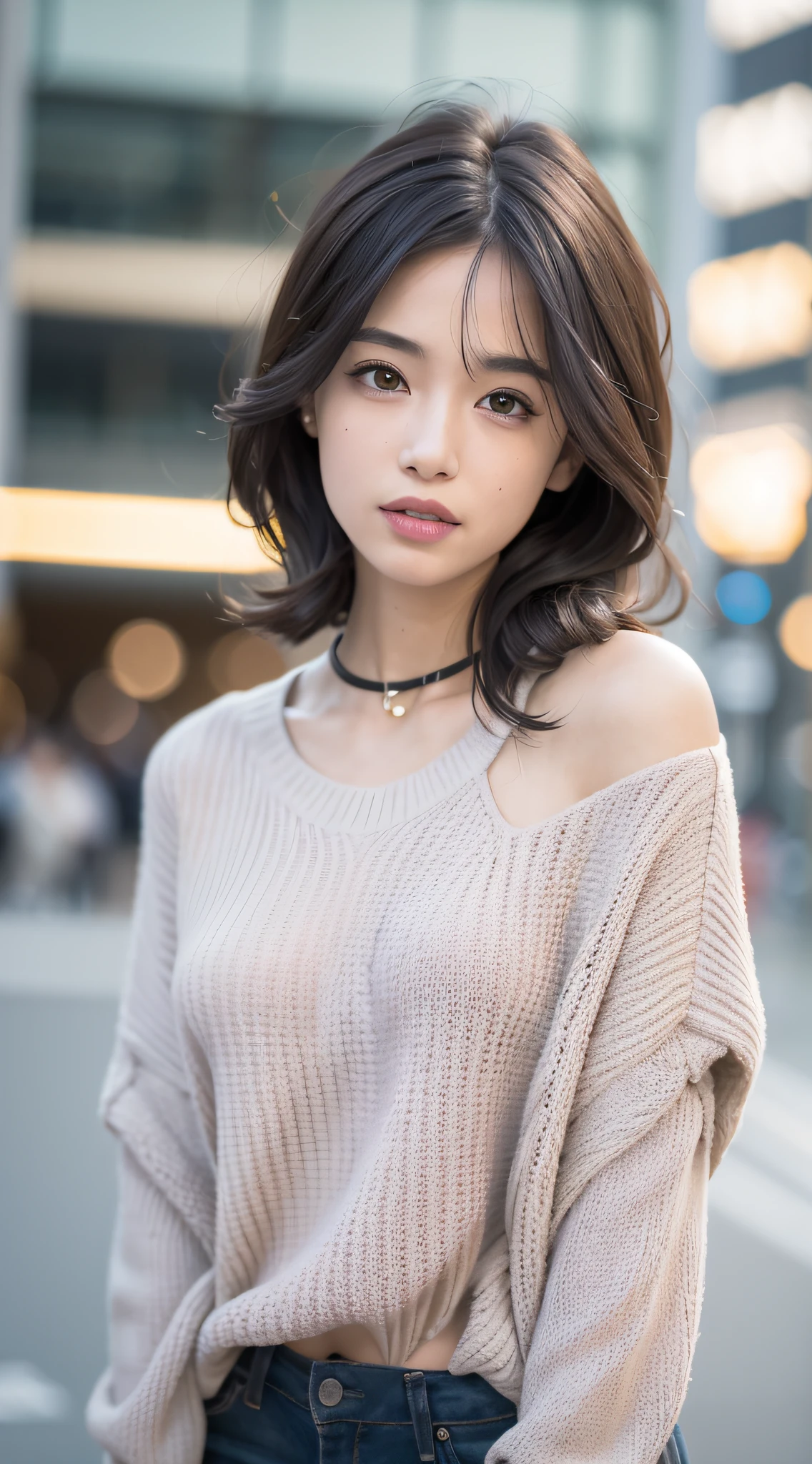 Posture without showing hands, mix4,(8K, RAW photo, Best quality, Masterpiece:1.2), (Realistic, photo-realistic:1.37),1girll,,Cityscape, Night, rain, Professional lighting, photon maping, Radio City, Physically-based rendering,, gradient black colour hair, Short curly hair, Handsome, Girl, Lilac sweater, top quality picture, high resolution, 1080p, (Clear face), (Detailed facial description), (Masterpiece), (exquisite CG), Extreme light and shadow, Messy hair, Master's work, rich details, (Fine facial features), (highest quality picture), (Masterpiece), (Detailed eyes),Look ahead with your eyes,fine collar bone,Do not wear revealing clothing,Beautiful gesture