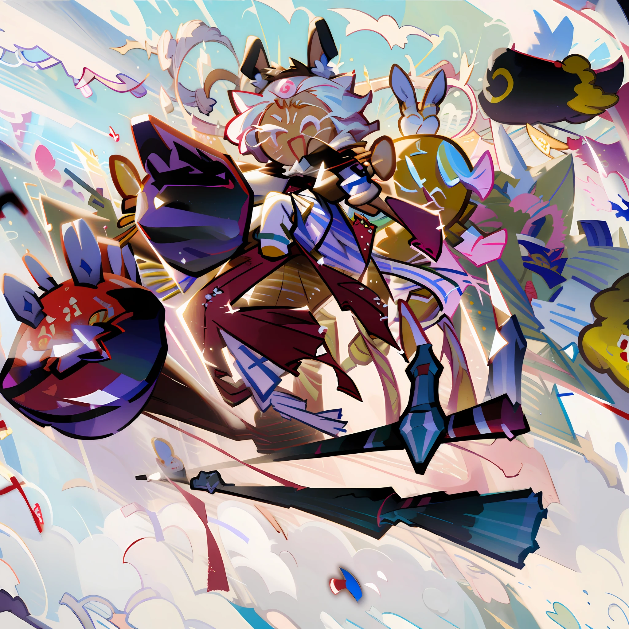 best quality, illustration, ((1 boy)),(( based on White Rabbit candy)),Rabbit ears, white Cheongsam ,White pumpkin pants with red and Blue accents, messy, Medium length Cream colored Hair,pose((jumping excitedly holding a Hammer about to attack. )), expression (Mouth open smile), simple nightbackground, cookierun, solo, chibi, full body,((fat)), ((bigbelly)), ((Wide Hips)),((Thick thighs)), (Proportionally large arm and Legs)