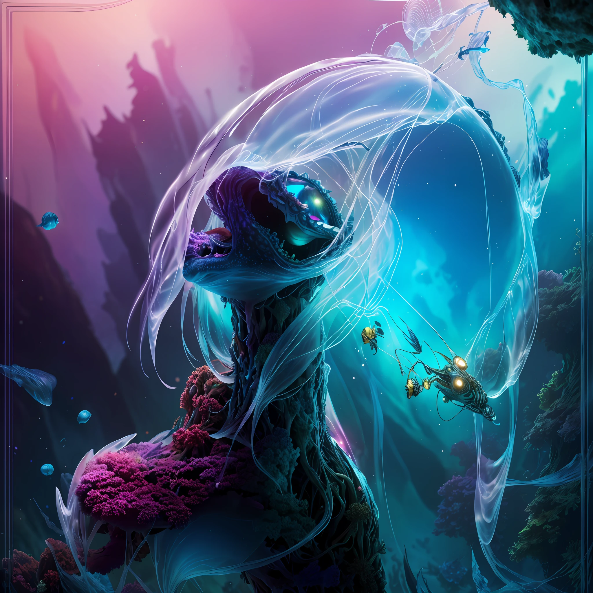 ((perspective)) microscopic world, vista, underwater fantasy,((masterpiece)), best quality, high quality, ((extremely detailed CG unity 8k wallpaper)),(fantasy), complex background, underwater fantasy world, fish school, Glowing jellyfish, colorful, (abyss)), staggered stone platforms in the abyss, glowing undersea plants, 3D digital painting, award winning photography, bokeh, depth of field, HDR, chromatic aberration, photorealistic, extremely detailed, artstation Trends on CGsociety, Intricate, High Detail, dramatic, art by midjourney,