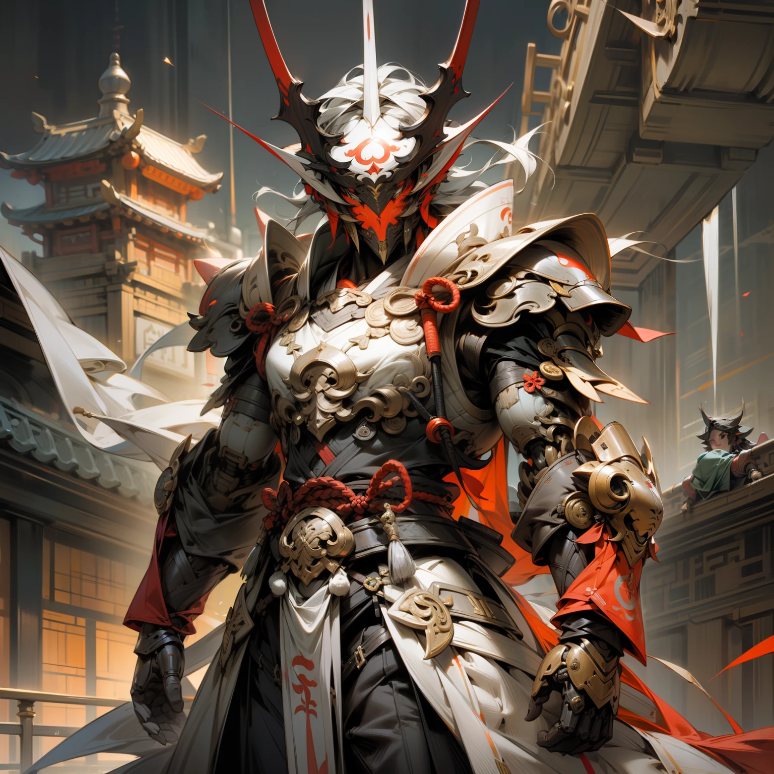 "Three kingdoms" Theme, Lü Bu, Male, Halberd, black robot, Futuristic style