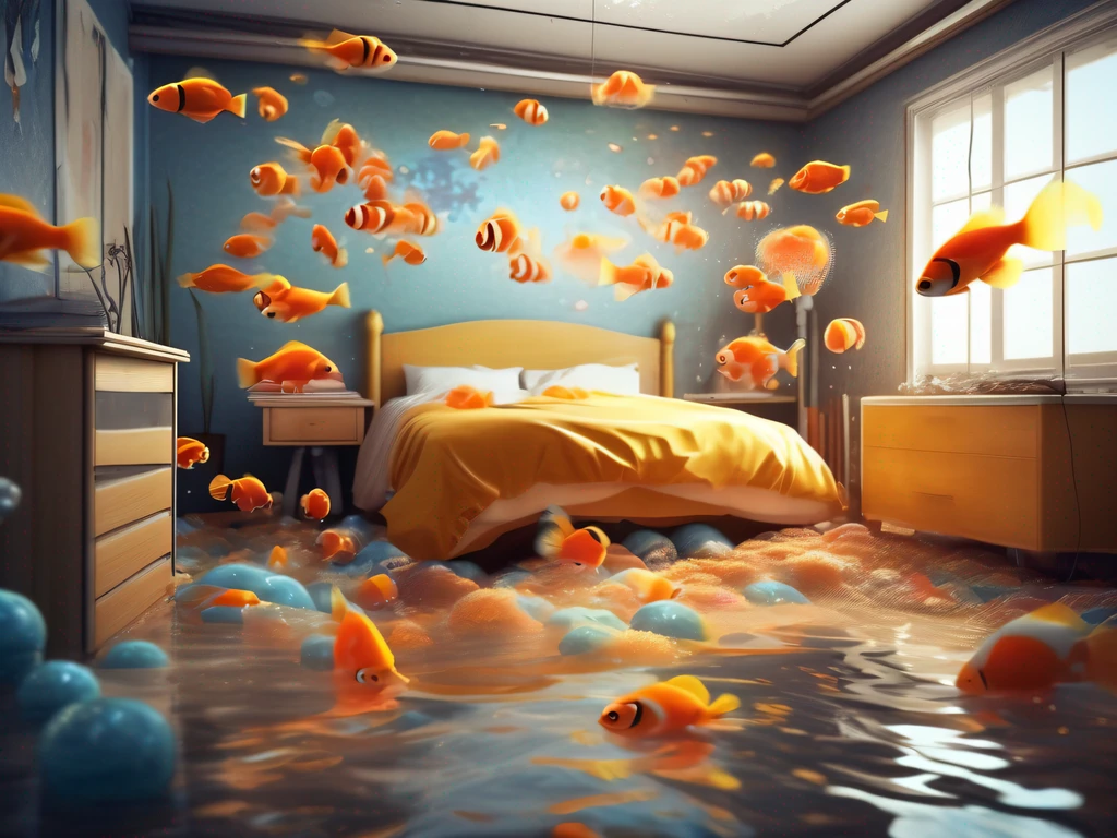best qualtiy,tmasterpiece,超高分辨率,(真实感:1.4),Messy bedroom,Clean bedroom,Giant glowing clownfish swim in the room,golden colored,water ripple,airbubble,hyper realisitc,