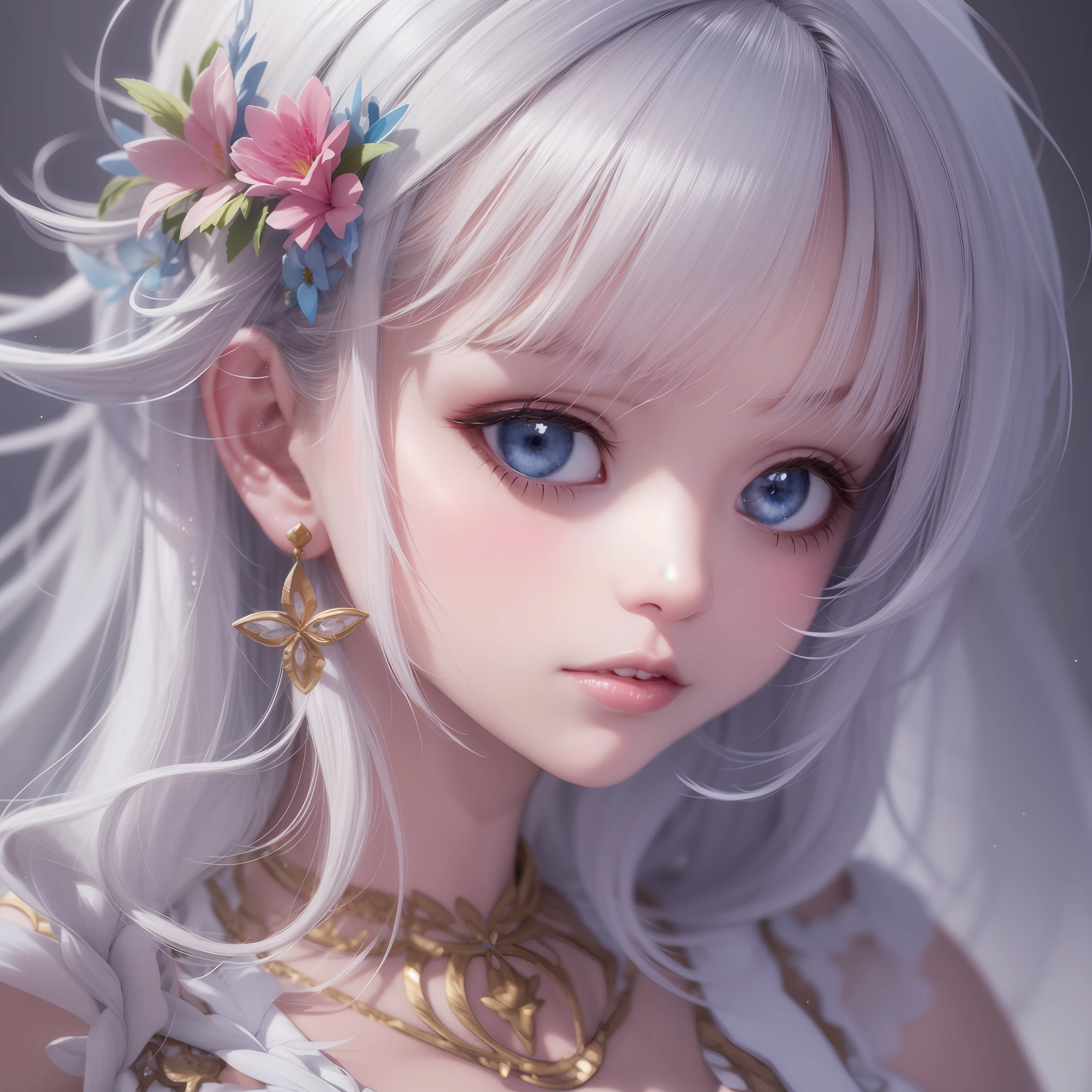 Close up of a  girl with white hair and pink streamer hair ornaments,Fairy dress，Glazed earrings，Light blue solid background，Anime style. 8K, a beautiful anime portrait, Detailed digital anime art, detailed portrait of an anime girl, Guviz-style artwork, Stunning anime face portrait, anime styled digital art, Beautiful anime style, portrait anime girl, realistic anime artstyle