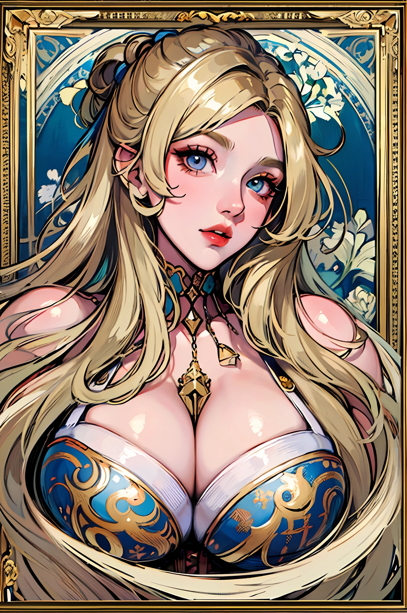 Portrait of the face of a mature woman ， with long coiled hair，Plump body，crisp breasts，鎖骨，huge tit，gigantic cleavage breasts，cleavage，Huge breast，white colors，Gold picture frame edge， Floral frame， Decorative panels， abstracted，waistup，Corset，gold，Pedras preciosas，photorealestic，Artistically，An Alphonse Mucha's
（tmasterpiece，best qualtiy，A high resolution：1.4），the detail，complexdetails，4K，colored splashing，Line art，Fibonacci，