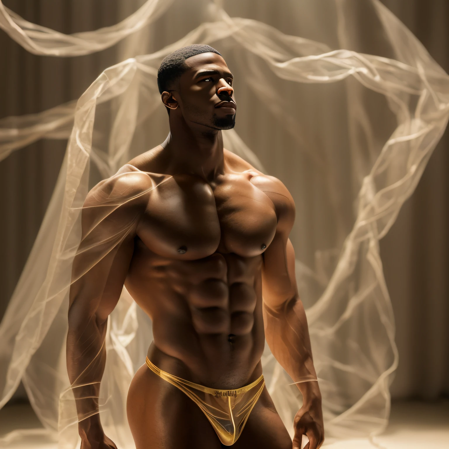 (an incredibly beautiful sculpture),(best illumination, golden light, brightly shining),(a handsome muscular black man with a tiny waist),(sheer transparent gauze fabric:1.2),(naked:1.2),(standing),(gazing), alluring stance