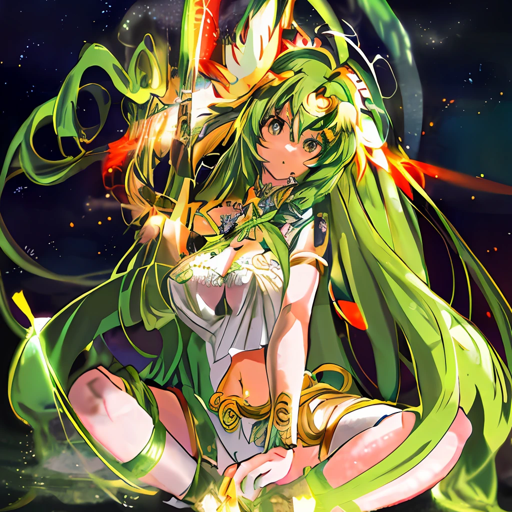 Anime girl with green eyes and long hair in green dress, Glowing green eyes, palutena, green glowing eyes, with huge luminous sad eyes, with glowing eyes, Detailed digital anime art, green aura, lady palutena, glowing green, glowing aura around her, knights of zodiac girl, glowing mint face --auto