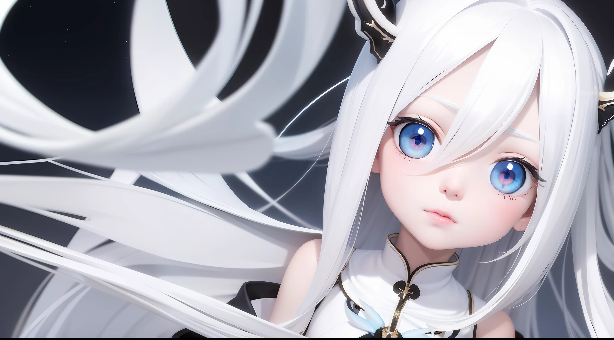best quality, tmasterpiece, white color hair, blueneyes, head looking up, The upper part of the body,校服,largeeyes,little mouth,small-nose,White hair,