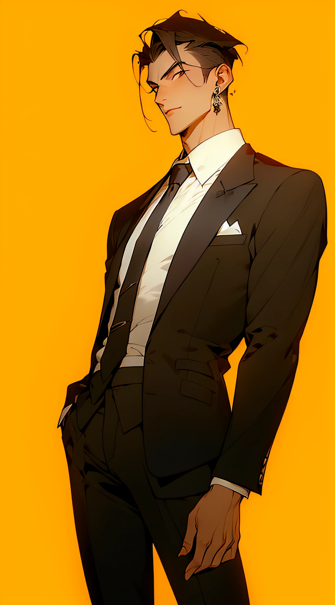 ((Masterpiece, Superb Business Negotiation Aesthetics)), 1 male solo, close-up, (Determined eyes), (Black blazer, white shirt, tie, trousers), (Long black hair), (Formal wear), Mature man, (Clear facial features, detailed skin texture, handsome face), white background, earrings, yellow skin, standing, (Masterpiece, top quality, best quality), (((flat color))),