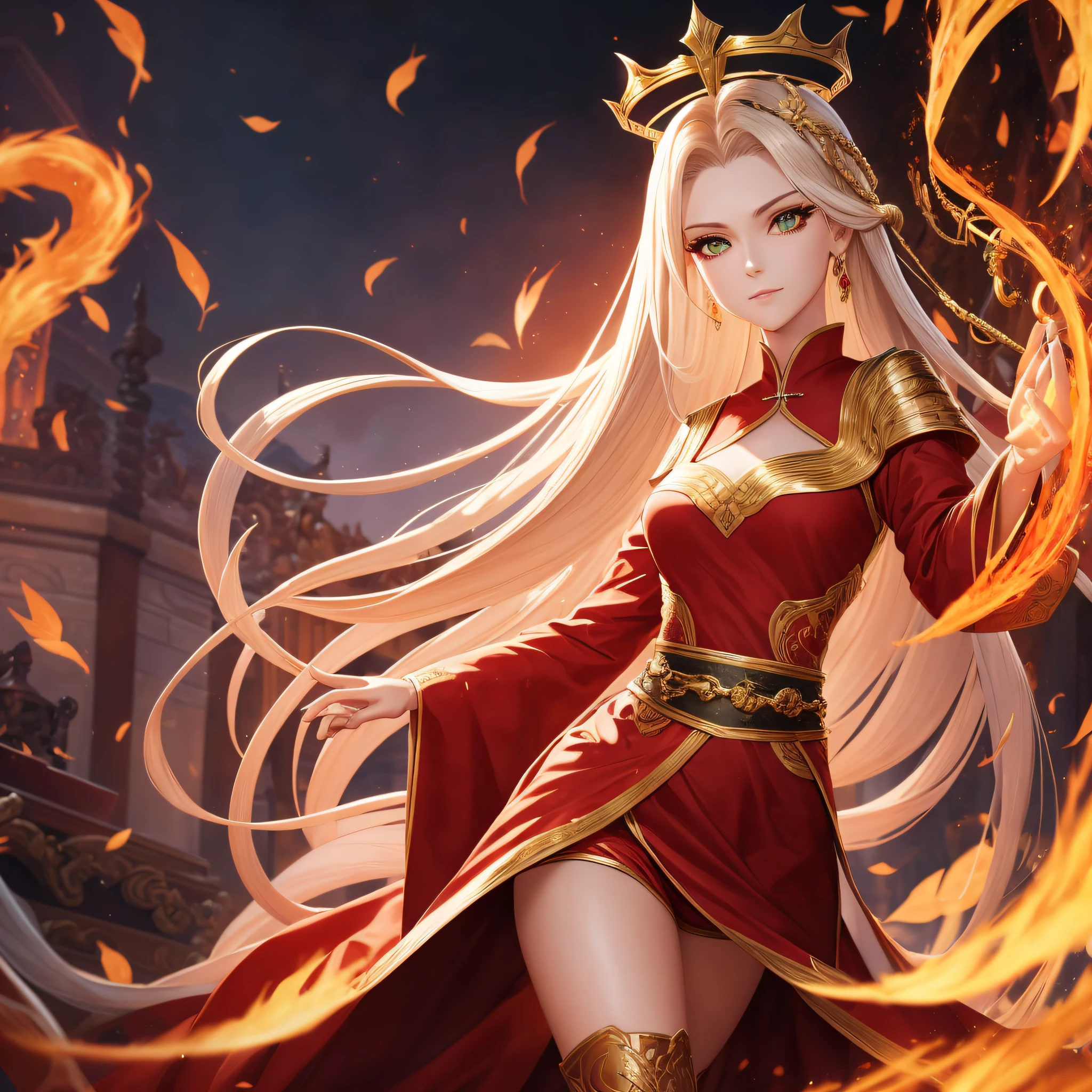 ((best qualtiy)), ((tmasterpiece)), (Realistis)), Medusa, full bodyesbian, The hair is made up of countless small snakes, Green eyes, Female face, Top engraved metal, A real halo, Trend at Artstation, tack sharp focus, studio photo, Complicated details, The is very detailed, Detailed eyes, illustratio, The is very detailed, tack sharp focus, a digital rendering, professinal, 16k, Snake hair,She wore red clothes,The red robe was embroidered with a golden flame phoenix,It seems to have life,Burning with a blazing flame。The phoenix tail feathers bloom with brilliant and colorful brilliance,Shining with gold and red light,A beautiful and spectacular long tail was formed behind her,Dazzling。 At the feet of the maiden,Countless arrow feathers flew one after another --auto