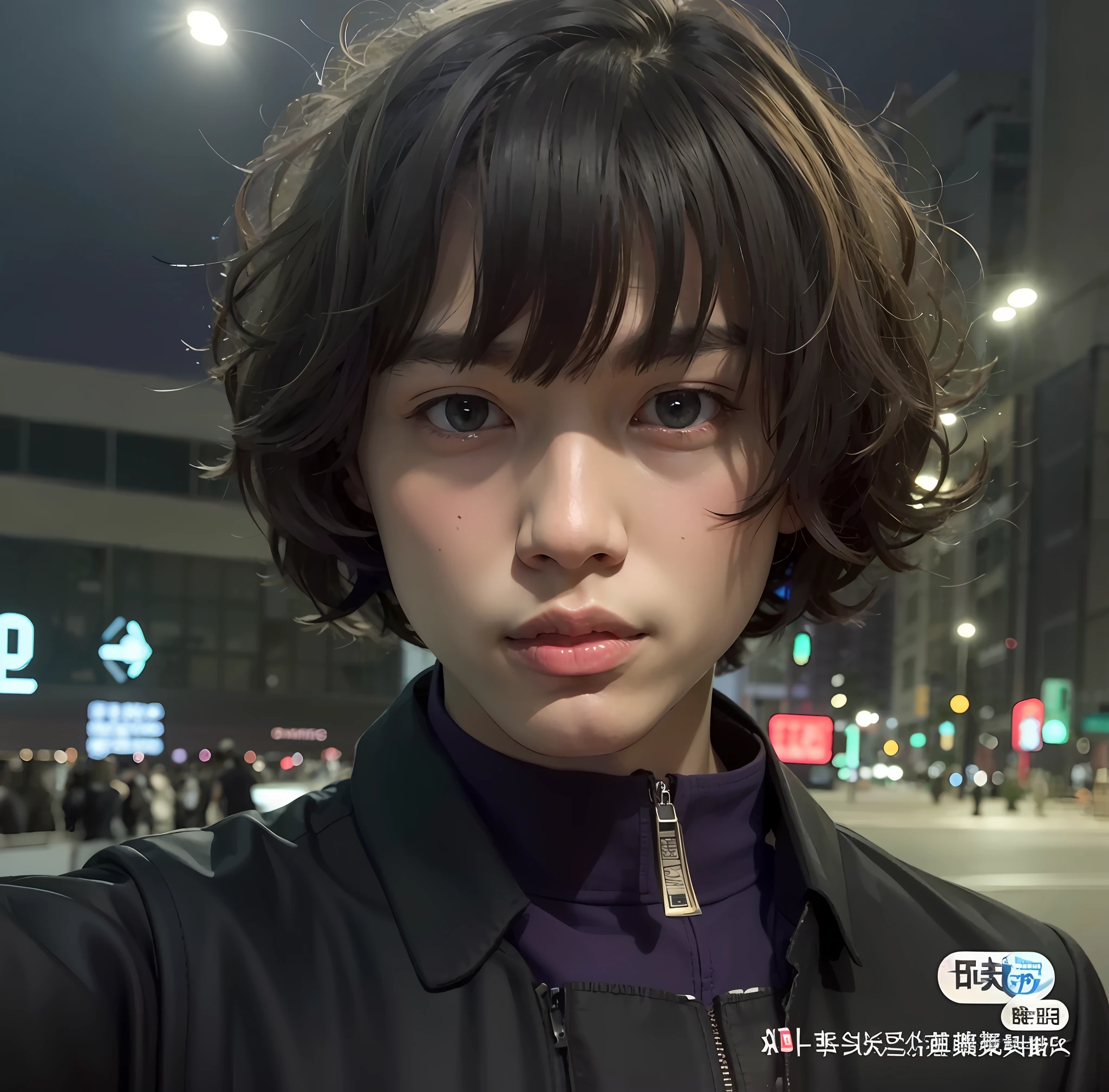 Image of Alafeld of a man in a black jacket and purple shirt, with short hair, Male Urzan, Shin Jinying, he has short curly brown hair, 1 7 -  - old  thin face, yanjun cheng, Cai Xukun, hime-cut, 8k selfie photograph, ulzzangs, hyung tae, xintong chen