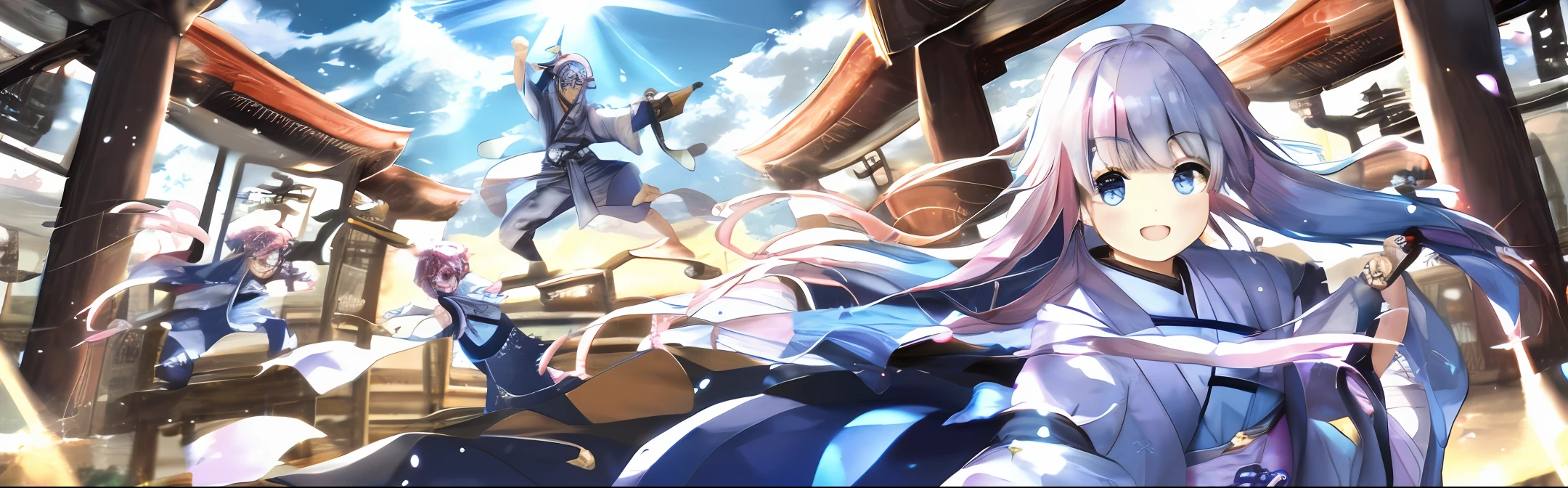 Kizi，Long pink and blue hair，Light blue eyes，Ancient wind，ssmile，rays of sunshine，Hanfu。Martial arts，Flute in hand，Behind him, there are seven rings of divine circles shining