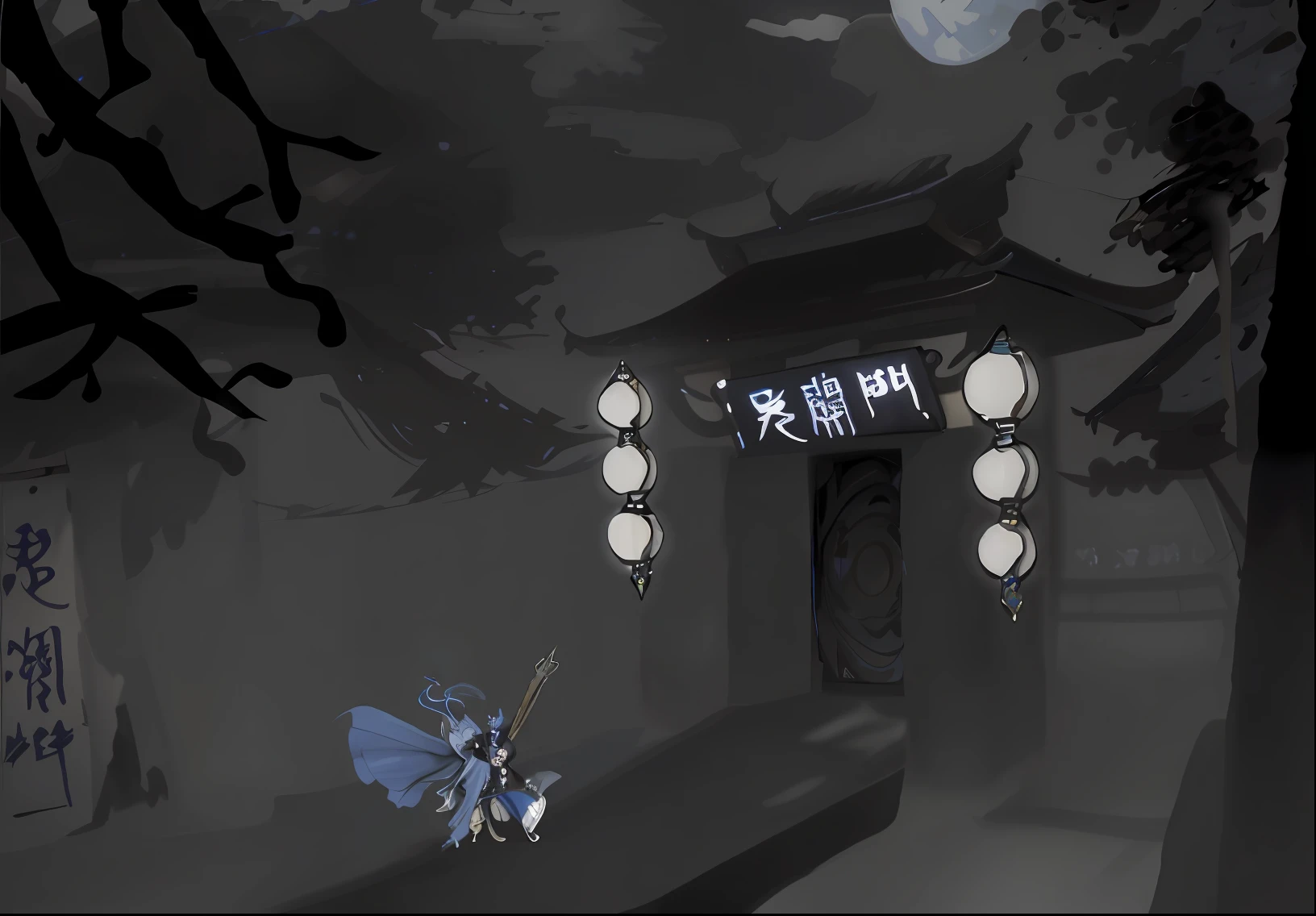 Anime scene of a woman in a blue dress and a man in a blue cape, painted as a game concept art, game concept, 2D game fanart, concept art for a video game, indie game concept art, Onmyoji detailed art, Game concept art, 2D concept art, finished concept art, concept-art, concept-art, onmyoji