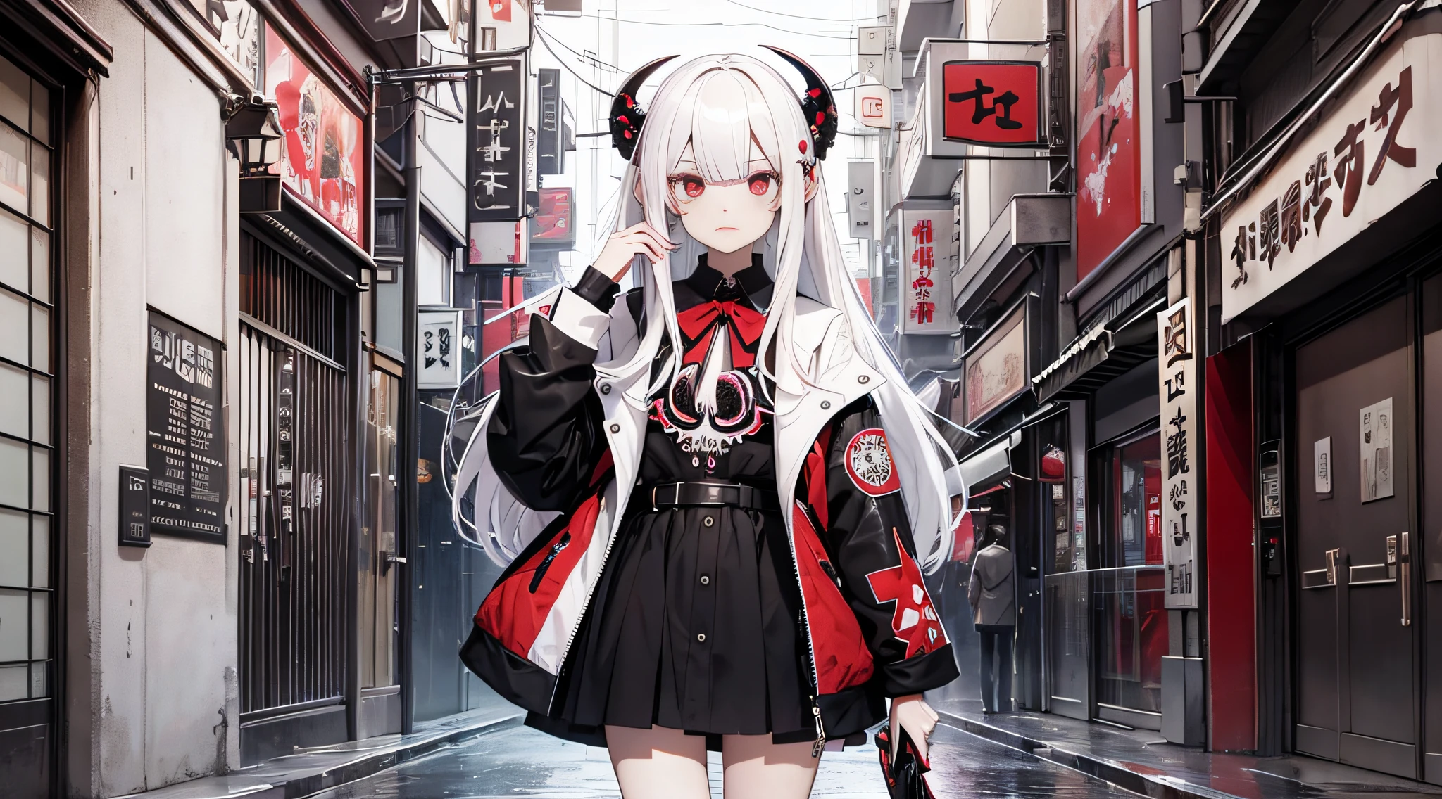 masterpiece,best_quality,Concept_Art Book,1 Necromancer,white_hair,long_Jacket,Bangs,hair_Bland_Eyes,espadrilles,Black_legwear very,(tentaculata,Calavera,nightmarish,slight_eyeballs,Bloods)), Women in Tokyo,Harajuku、Black and red world
