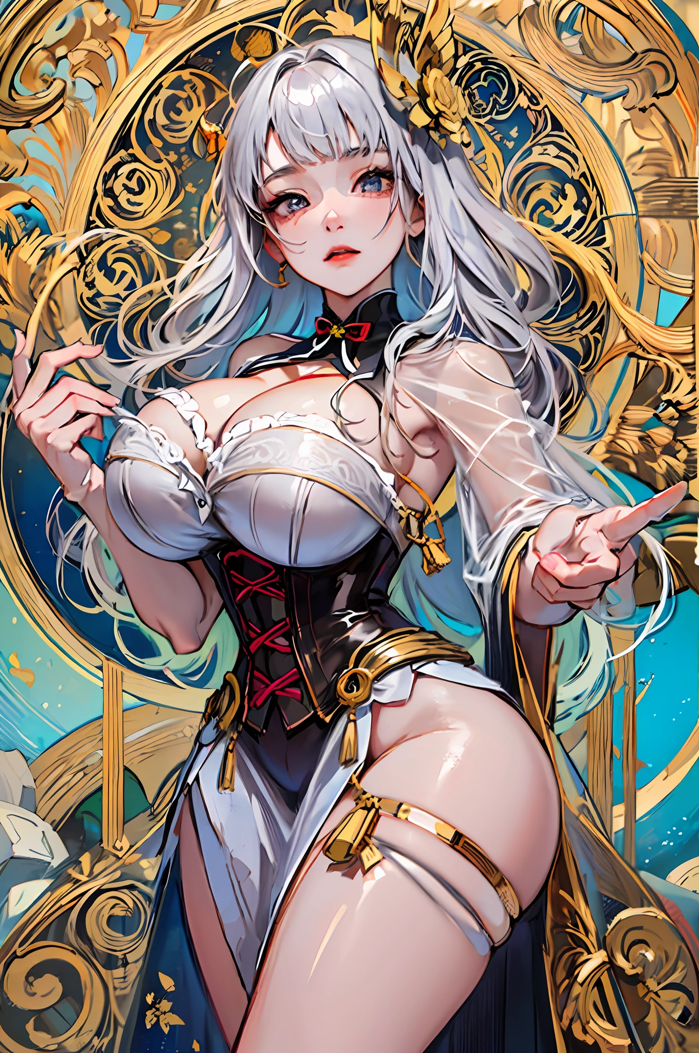 Portrait of the face of a mature woman ，Long shiny silver hair， with long coiled hair，Plump body，crisp breasts，鎖骨，huge tit，gigantic cleavage breasts，cleavage，Huge breast，white colors，Gold picture frame edge， Floral frame， Decorative panels， abstracted，waistup，Corset，gold，Pedras preciosas，photorealestic，Artistically，An Alphonse Mucha's
（tmasterpiece，best qualtiy，A high resolution：1.4），the detail，complexdetails，4K，colored splashing，Line art，Fibonacci，