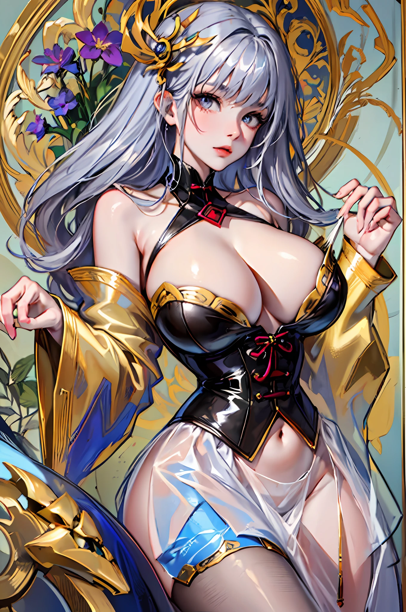 Portrait of the face of a mature woman ,Long shiny silver hair, with long coiled hair,Plump body,crisp breasts,鎖骨,huge tit,gigantic cleavage breasts,cleavage,Huge breast,white colors,Gold picture frame edge, Floral frame, Decorative panels, abstracted,waistup,Corset,gold,Pedras preciosas,photorealestic,Artistically,An Alphonse Mucha's
(tmasterpiece,best qualtiy,A high resolution:1.4),the detail,complexdetails,4K,colored splashing,Line art,Fibonacci,