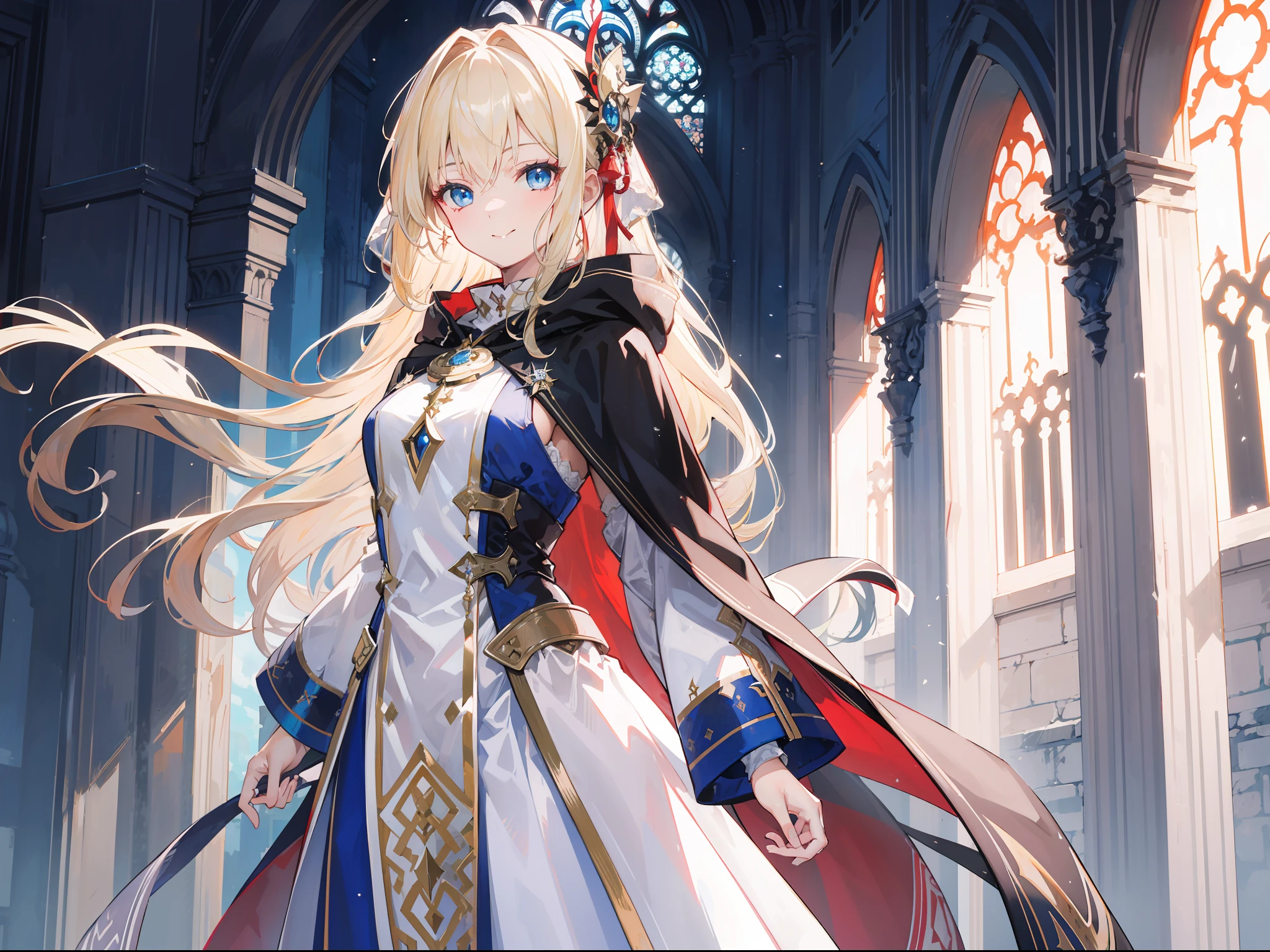 "Epic daylight atmosphere, stunning 4k artwork featuring a beautiful girl with tied light-blonde hair. Blue eyes. She was wearing white-gold heroine cloak and warm smile, she standing front of Sanctuary."