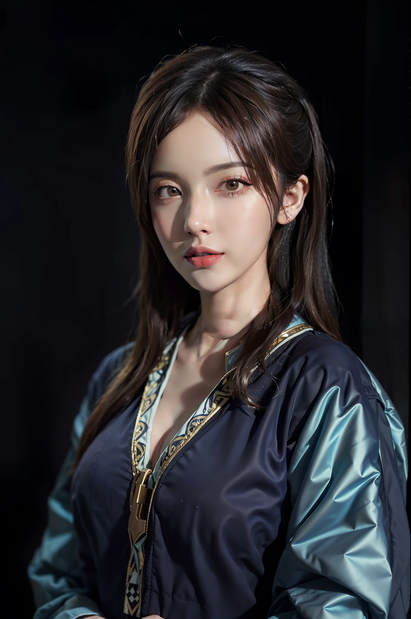 Hyperrealist portrait of female by david hockney and alphonse mucha,fantasy art, photo realistic, dynamic lighting, artstation, poster, volumetric lighting, very detailed faces, 4 k, award winning,, 1girl, in the dark, deep shadow, low key,cowboy shot,(official clothing:1.4) ,long hair,white hair,