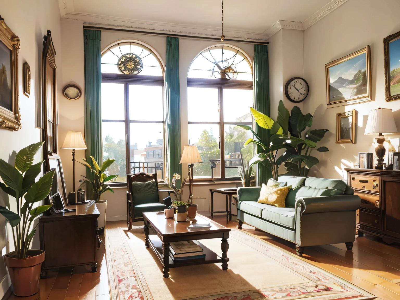 A home office livingroom with bookshelf and plants, picture frame above the couch, plant, indoors, no humans, couch, potted plant, pillow, clock, book, scenery, picture (object), wooden floor, window, shelf, signature, table, rug, picture frame, cushion, photo (object), leaf