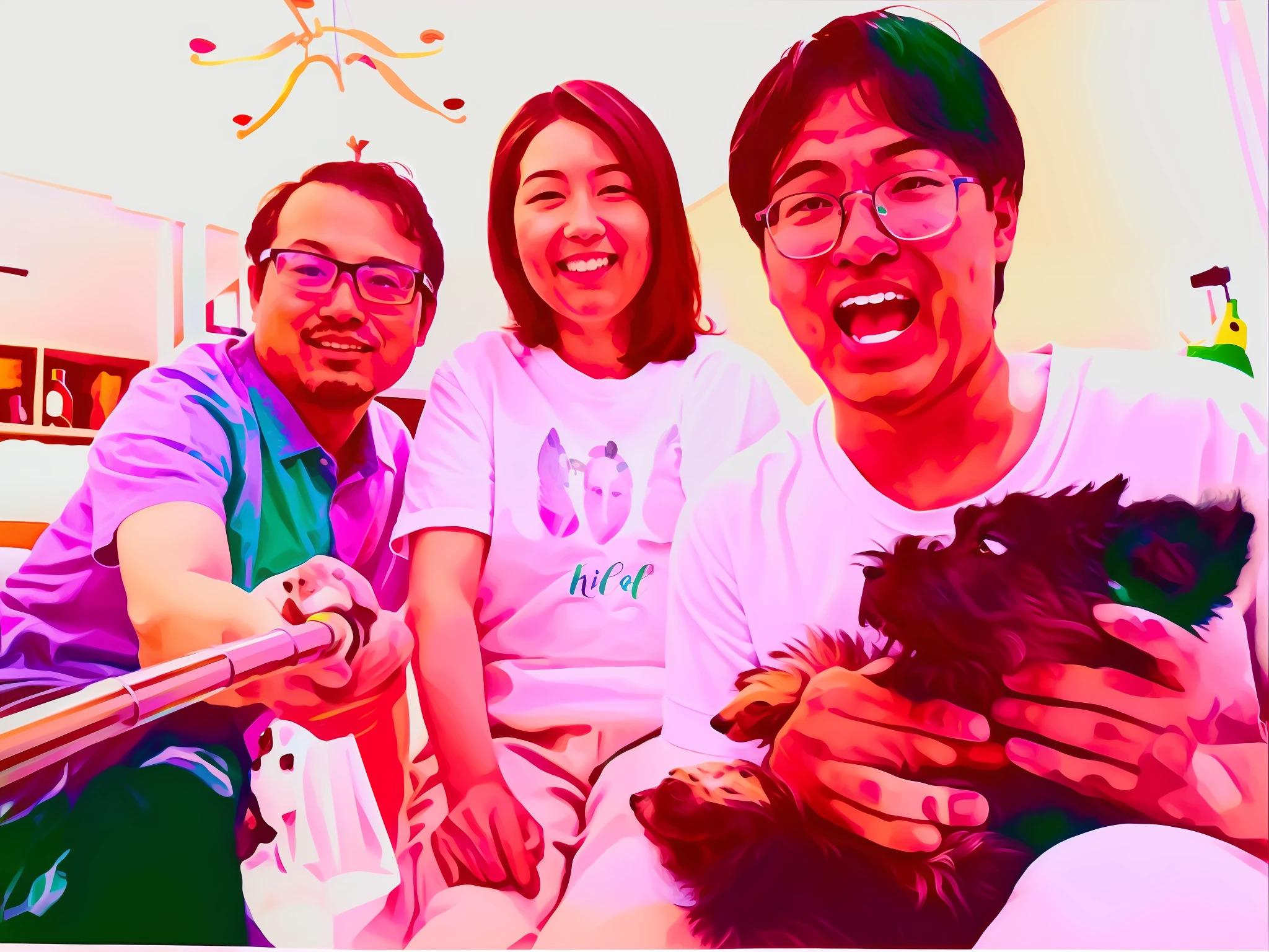 There were three people and a dog sitting on the couch, with dogs, Happy family, coloured photo, ai assisted digital painting, family photos, personal profile picture, family photos, coloured photo, Family, nft portrait, Profile image, snapchat photo, vacation photo, [ Digital art ]!!, blurry photo, Digital art!!, lofi portrait, its a deep dream