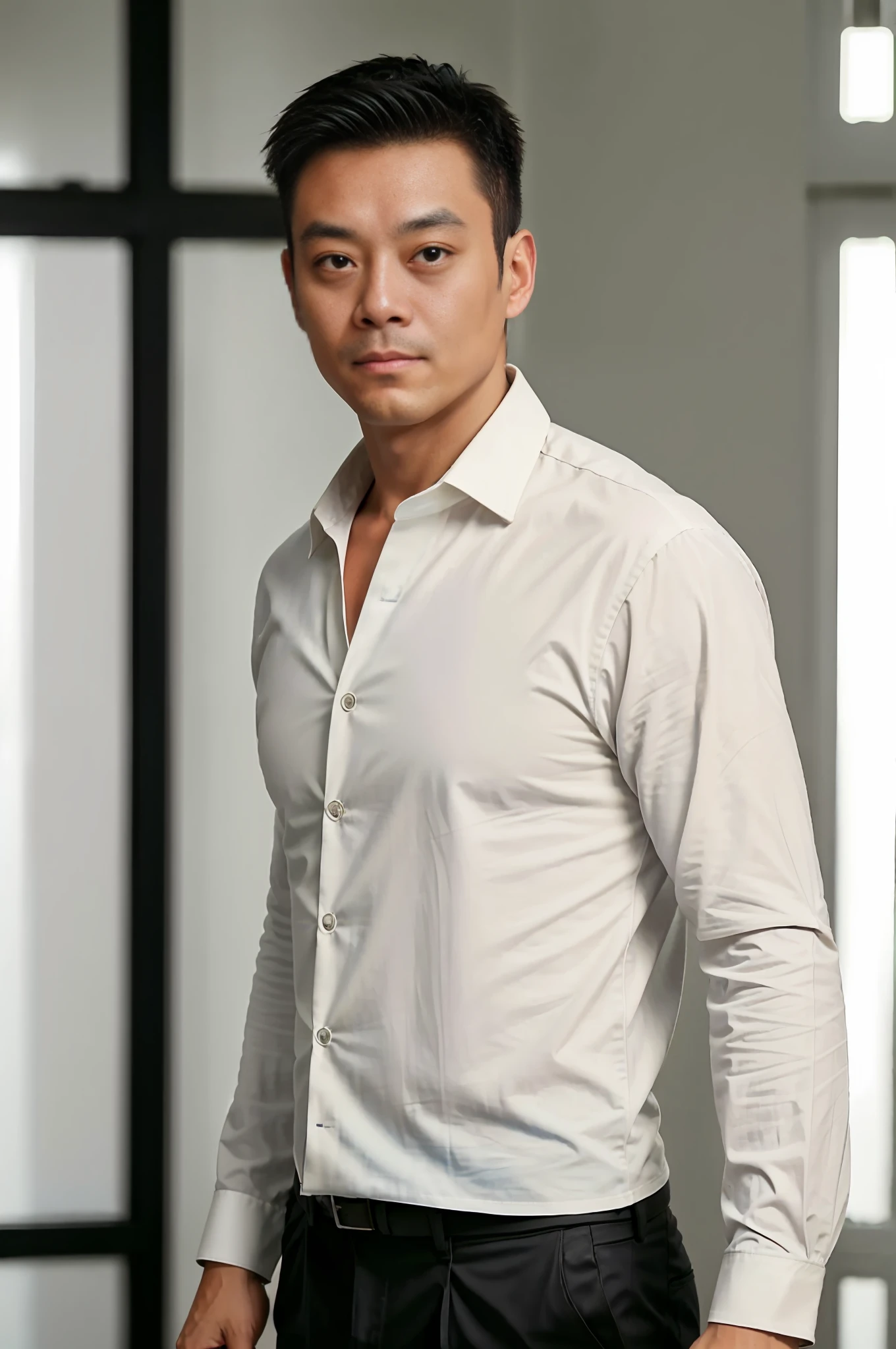 1人,A 43-year-old muscular man,wearing long-sleeve white shirt,With a tie,Wear leather shoes,full bodyesbian,gentlesoftlighting,tmasterpiece,best qualtiy,8K UHD,digital SLR camera,filmgrain,Fujifilm XT3 Realistic painting art,Written by Midjourney and Greg Rutkowski