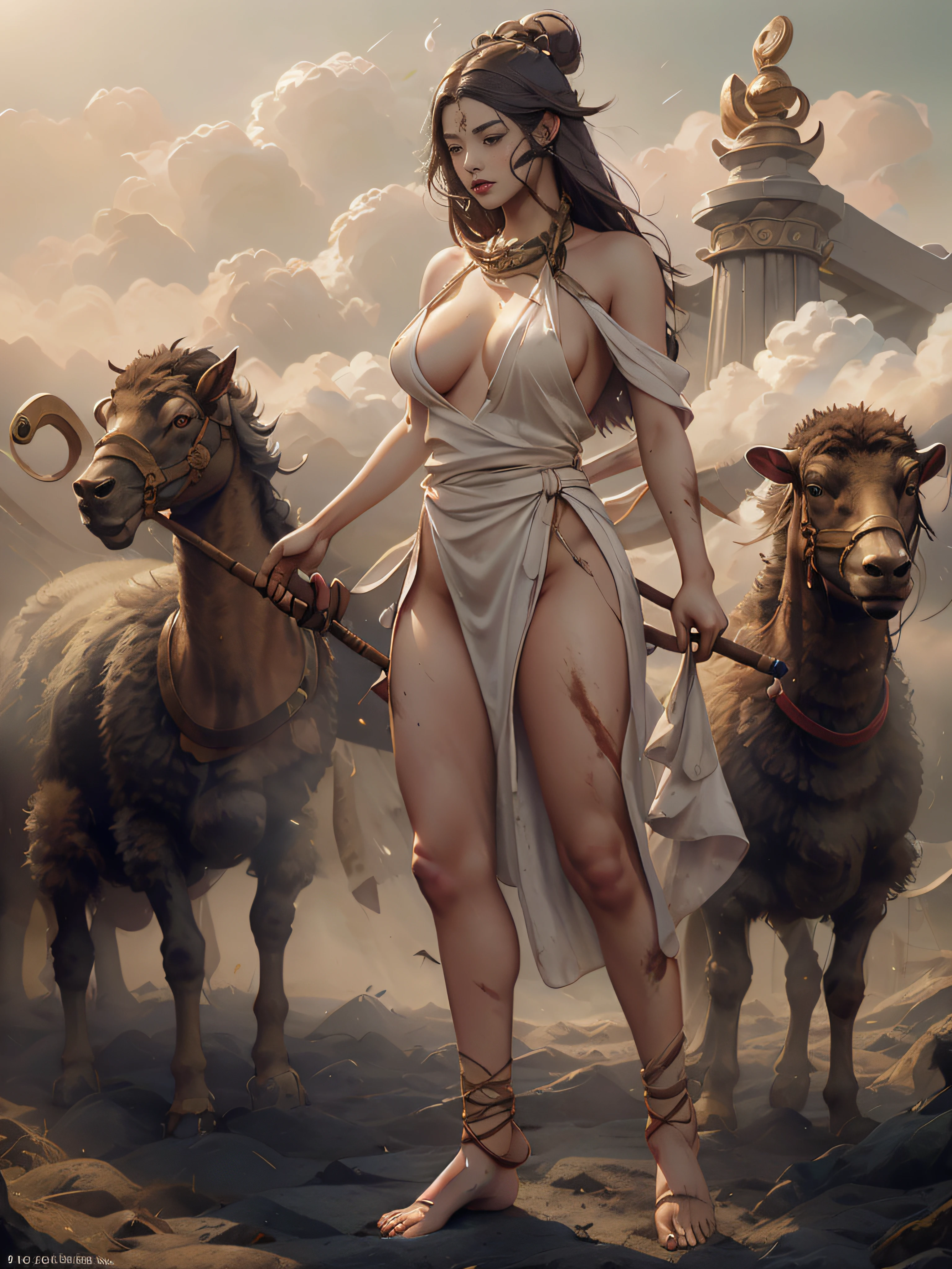 shepherd holding a stick, wandering, sheep, sheep, sheep,sheep,sheep,sheep,sheep, many sheep and dogs and birds, blood, dirty clothe, a mature sad female, back of female, ethereal, large breasts, vivid color, bare shoulders, arms down, armpits, thighs, [light smile], expressionless, masterpiece, 8k resolution, fantasy art, ((high jumper's body proportions)), ((obesity: 0.0)), ((((no panties)))), ((no panties))), ((( No pants))),(((No socks)))),(No skirt)))),((No shoes)))),((Dynamic posture)))), (Full body))), , (Greek feet), (Carefully groomed nails),((Delicate and small toes, perfect toes))), (Camel toes),((Correct anatomy)),((Correct dissection))),( Clothing: high slit design, white flowers cut at the waist, perfectly blending with the figure))), (((the world of clouds and mist))), (the clothes are painted with dirty and blood )))),