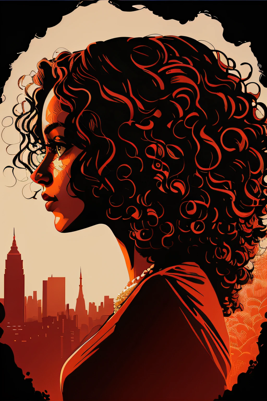 there is a woman with curly hair in a city setting, martin ansin artwork portrait, martin ansin, in style of digital illustration, inspired by Tim Doyle, in style of laurie greasley, highly detailed vector art, cover art of graphic novel, stylized digital illustration, print!, liberty curls, full color illustration, by Jason Benjamin, beautiful city black woman only