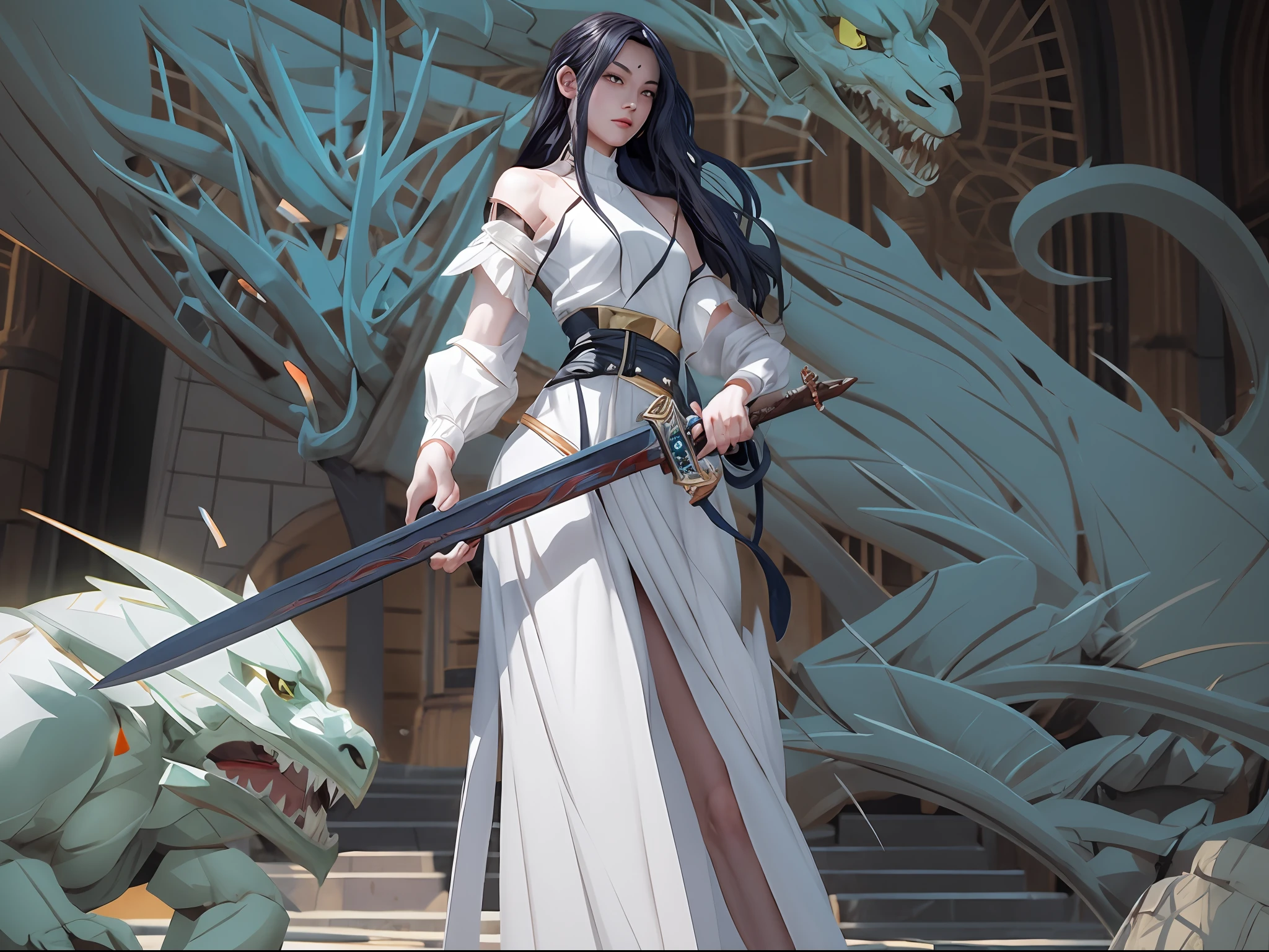 there is a woman in a white dress holding a sword, krenz cushart and wenjun lin, artgerm and atey ghailan, 2. 5 d cgi anime fantasy artwork, guweiz on artstation pixiv, krenz cushart and artgerm, wlop and krenz cushart