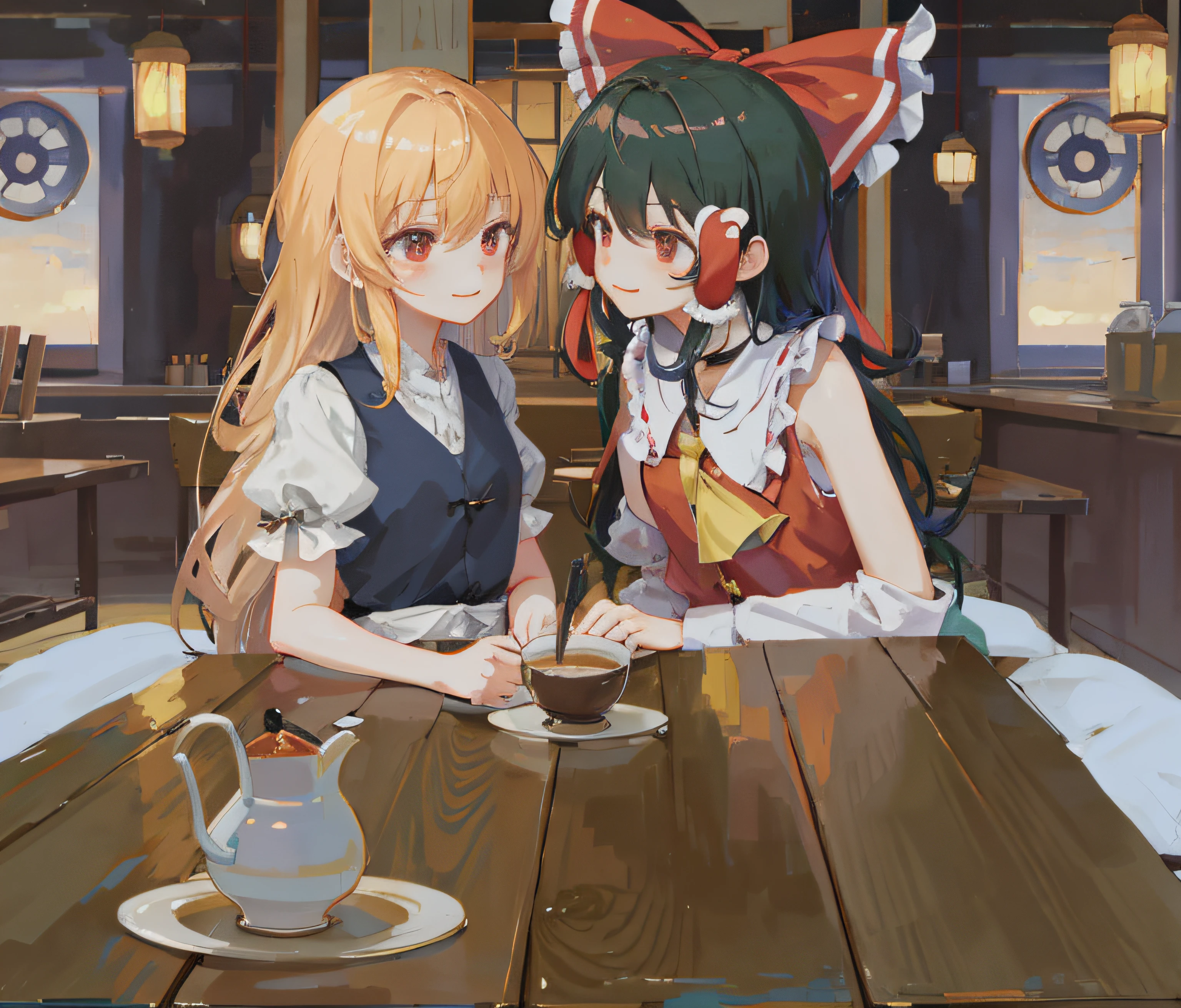 anime character sitting at a table with a cup of coffee, touhou project, from touhou, Loli, krenz cushart and wenjun lin, touhou project official artwork, Touhou, zerochan art, Kantai collection style, WLOP and Sakimichan, touhou character, nixeu and sakimichan, cushart kenz,tmasterpiece,The work of the master,Rich in detail