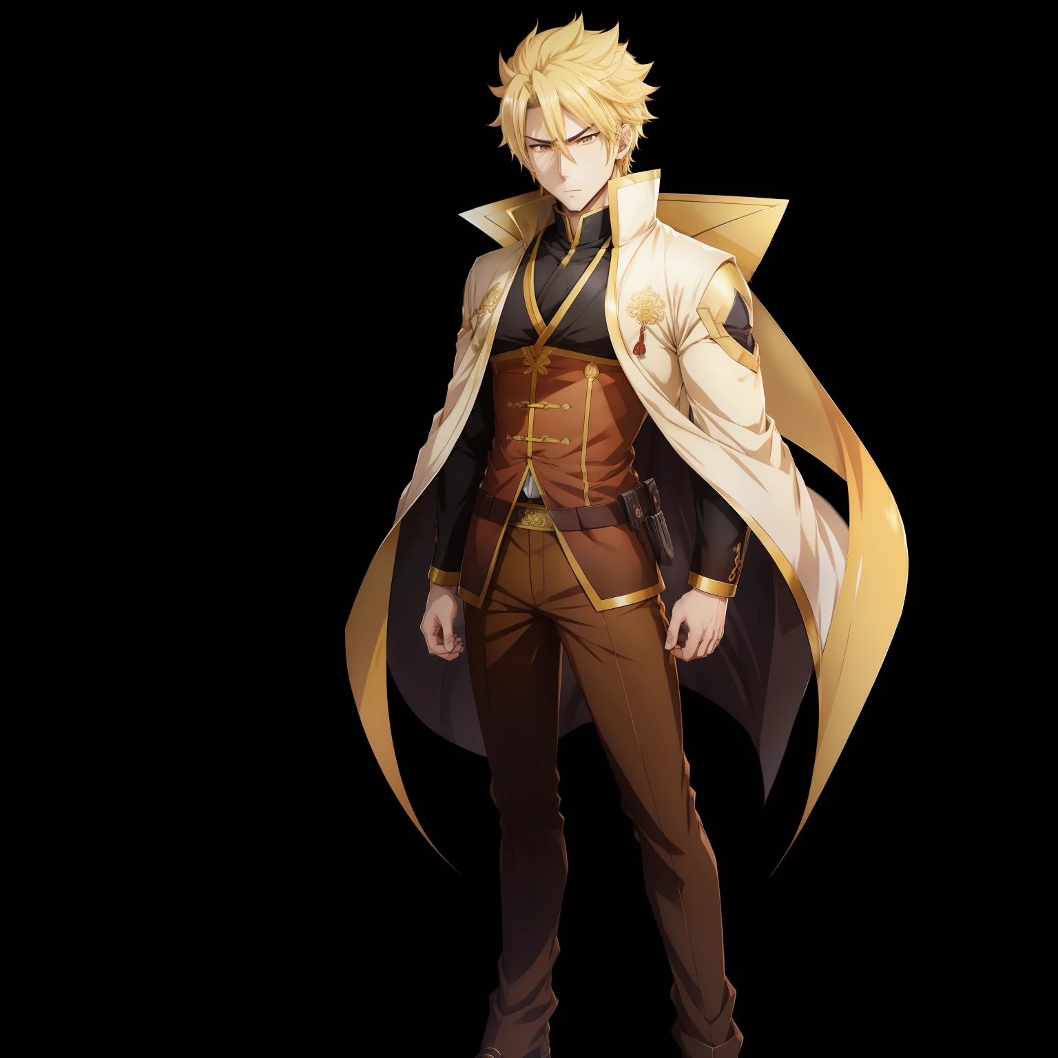 Anime male characters，Adult Male，Cold，Don't get angry，Brownish-yellow hair，Angular，High Picture Quality，high detal，fullbody image，Black pupils，Asian faces，Chinese style elements --auto