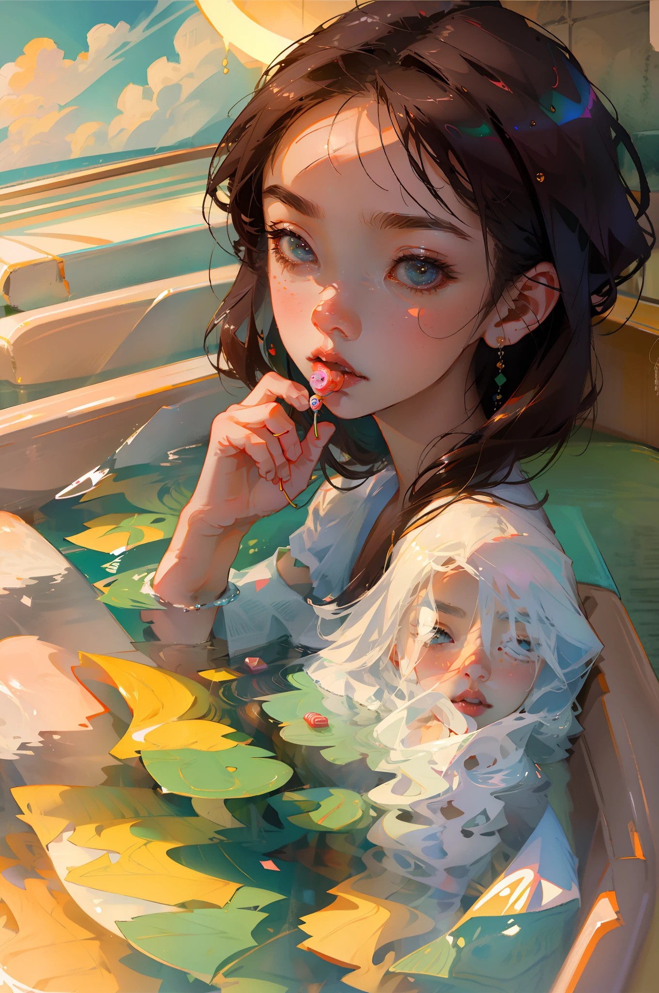 The perfect masterpiece,Highest quality,Perfect artwork,8K, Upper Body Lens,front portrait,Delicate face,Face Close-up, girl in a bathtub with water and lots of apples, (((eating a candy)))), Digital Art,plane illustrations,colorful illustration,minimalist style,anime cartoon style,