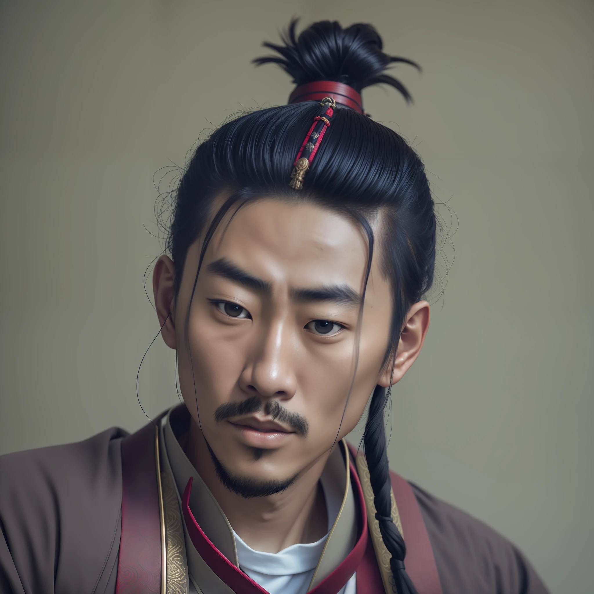 asian man，hair-bun, front portrait, dramatic portraiture of uuen, portrait shot 8 k, samurai portrait, 50mm portrait, portrait of a samurai warrior, Shot on a Canon EOS R5, shot on canon eos r 5，中景 the scene is，sitted，anchor