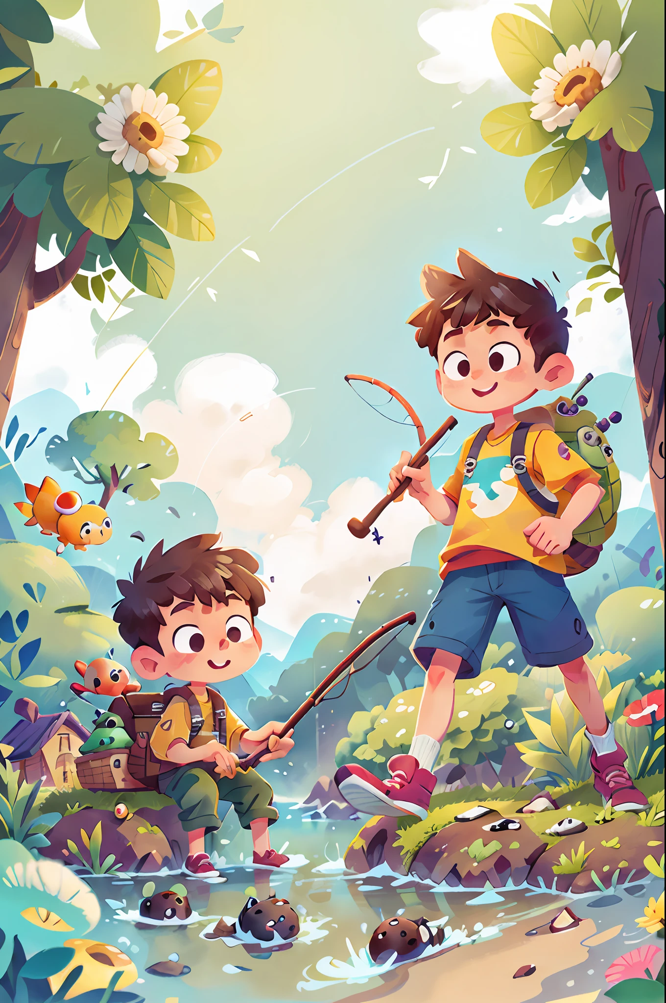 Poster design, (sfw), 2 fishing boys game, spring outing, happy, background is fishing, perfect quality, clear focus, colorful, perfect face, complex details, super low viewing angle, wide angle lens, large panorama