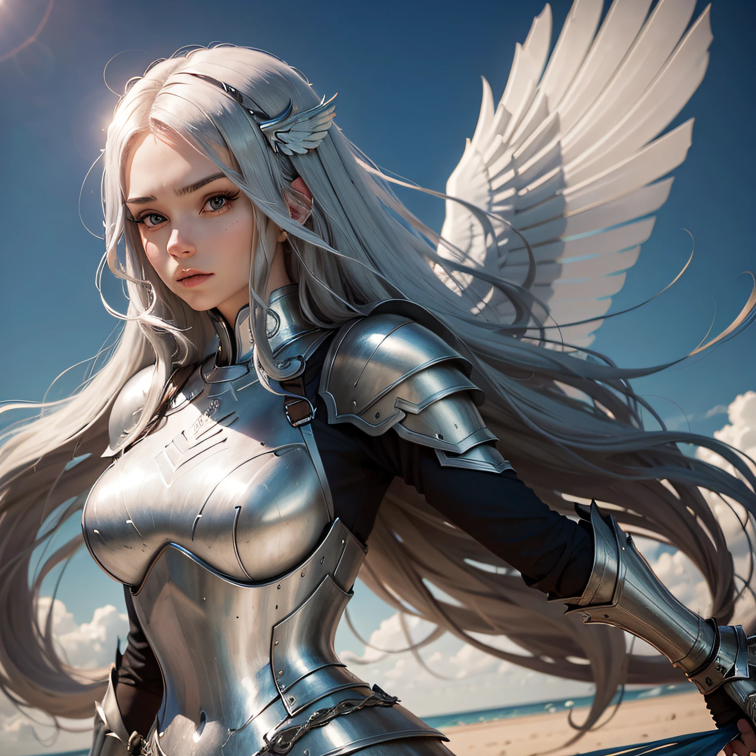 Cartoon Woman，Wear armor，Has a pair of oversized wings，Long flowing hair，Perfect face --auto