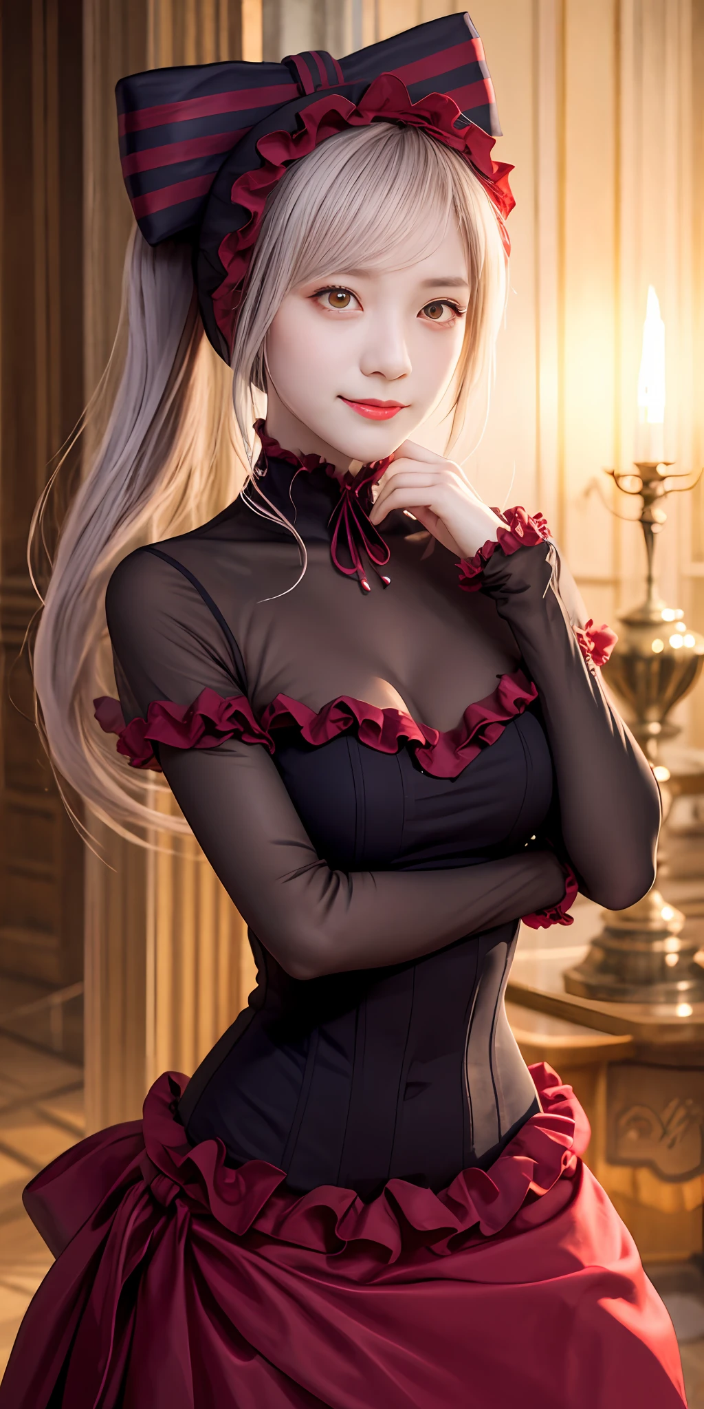 , best quality, ShalltearV4, 1girl, solo, dress, frills, bow, hair bow, fang, slight smile, pale skin, glowing, glowing eyes, portrait