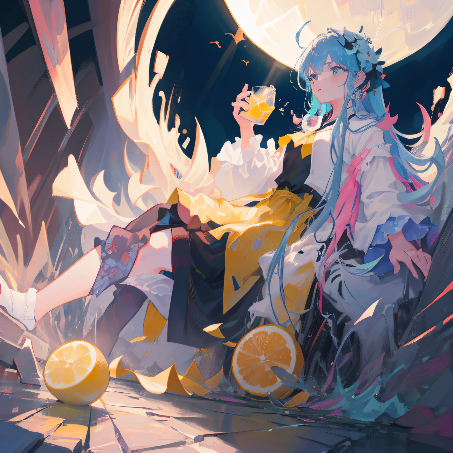 (8k, RAW photo:1.2), best quality, ultra high res,dramatic angle,(fluttered detailed color splashs), (illustration),(((1 girl))),(long hair),(rain:0.9), (头饰:1.4),少女身边有一座古宫,汉服,(重点),彩色水墨画,(泼彩),泼彩,(((colorful))),(素描:0.8) , Masterpiece, best quality, beautiful painted, highly detailed,(denoising:0.6),[splash ink],((ink refraction)), (beautiful detailed sky),moon,highly,detaild,(masterpiece, best quality, extremely detailed） CG unity 8k壁纸，杰作，最好的质量，超详细），（石蒜），