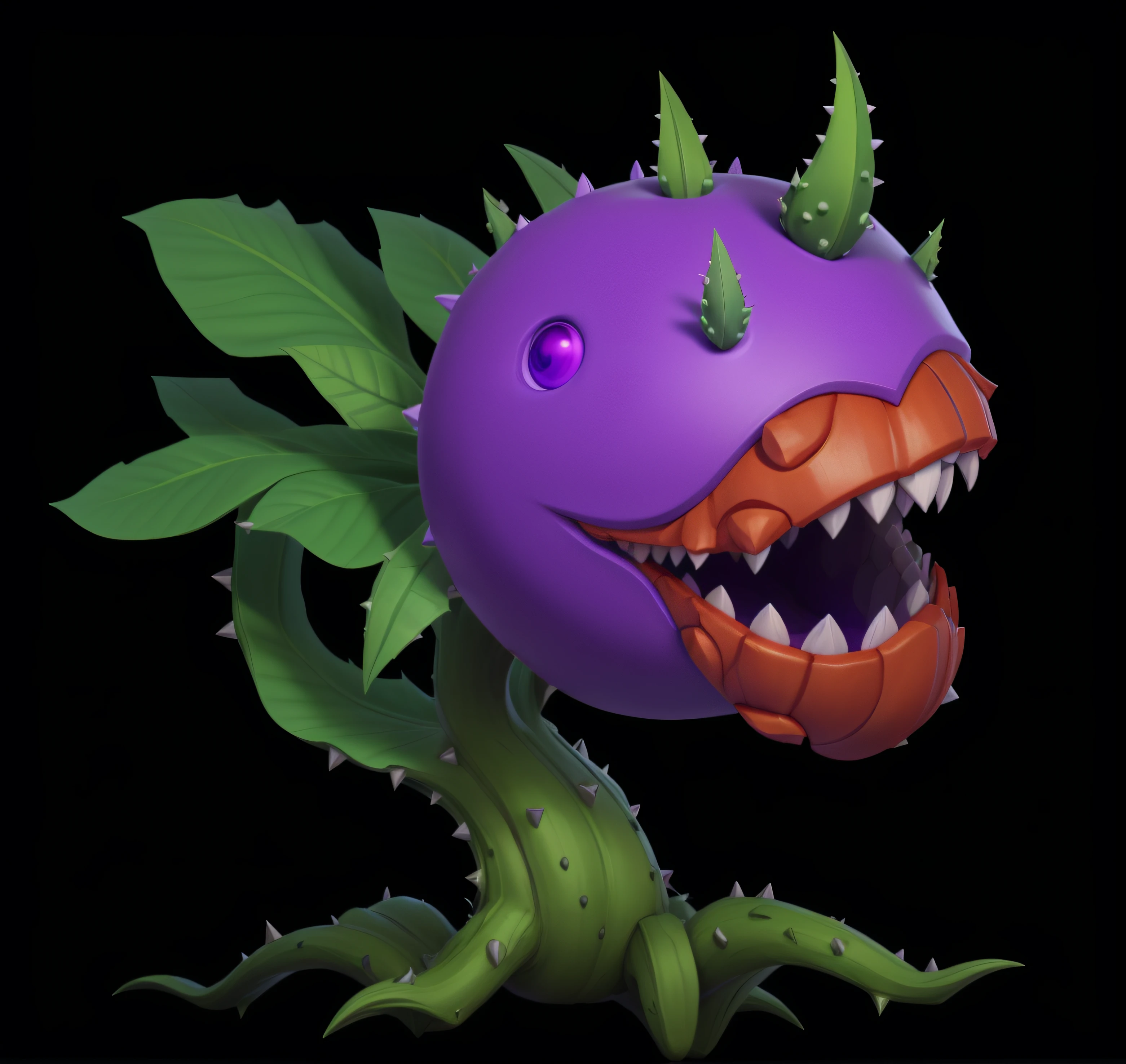 Close-up of purple and green monsters with green leaves, plant monster, plant monster, tomato monster, exotic plants, rayman legends boss, a humanoid thistle monster, spiky skin, magical garden plant creatures, zerg, cacodemon, alien flora, stylized as a 3d render, large mouth, toon boom render, nightmare render