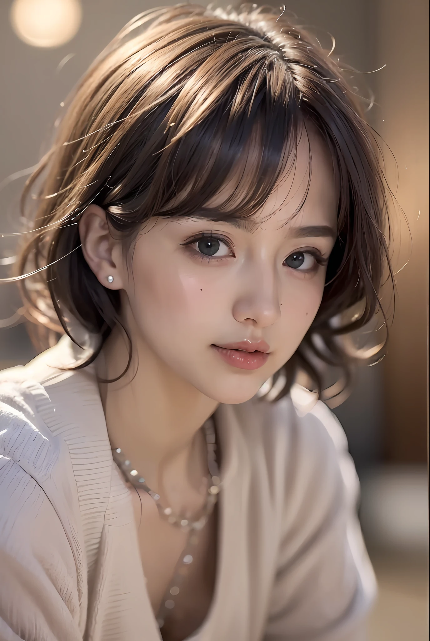 (8K, Raw photo, Photorealistic:1.25) ,( Lip gloss, Eyelashes, Glossy finish, Glossy skin, Best Quality, 超A high resolution, chromatic abberation, Caustics, Wide light, Natural Shadow) look with serenity and goddess-like bliss to the spectators,(depth of fields:1.4), (colorful unfocused lights on background:1.2) ,No makeup,Shot in daytime.Wearing everyday clothes,Short hairstyle.Smaller eyes.45 yers old.Blowing in the wind.