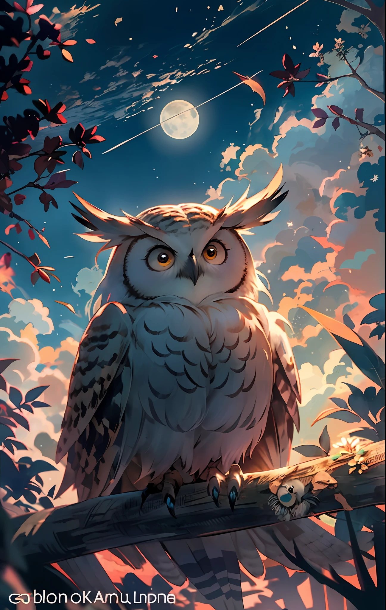 an owl sitting on a branch in the night with a full moon in the background, radiant owl, glowing owl, anime art wallpaper 4 k, anime art wallpaper 4k, cute owl, anime art wallpaper 8 k, 8k high quality detailed art, with a cute fluffy owl, glowing white owl, anime wallpaper 4 k, anime wallpaper 4k